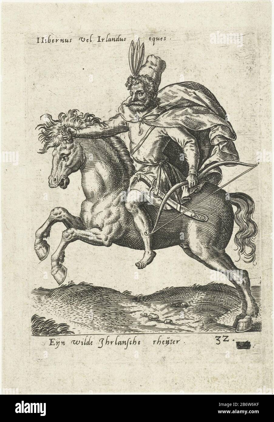 Ierse ruiter Horse and rider to the left. The horse is galloping. The rider is Irish and riding the horse without saddle or reins. He is holding a bow. The picture has a caption German and a Latin inscription. Post originally from 'Equitum Descripció ... '1577. Manufacturer : printmaker Abraham de Bruyn (attributed to) Publisher: Caspar Rutz (possible) Place manufacture: Cologne Date: 1577 Physical features: car material: paper Technique: engra (printing process) Dimensions: plate edge: h 140 mm × b 98 mmToelichtingPrent originally published in 'Equitum Descripció, quomodo Equestres copie, nos Stock Photo