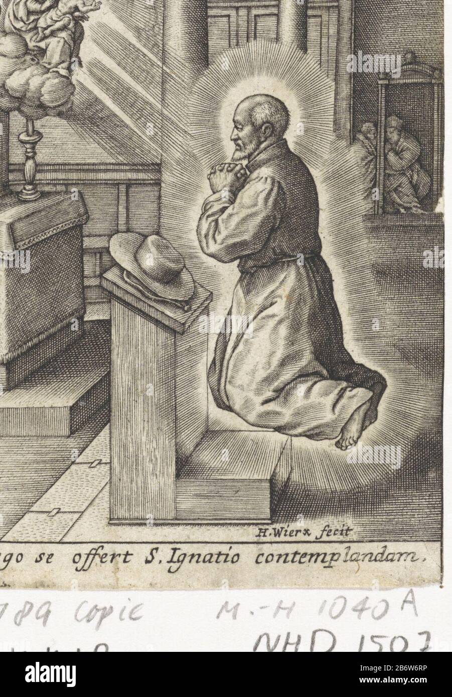 Ignatius of Loyola, floating on an altar in a church. He was praying and had a vision of Mary and the Christ child in the clouds. Child makes a gesture of blessing. In the margin a three-line signature in Latijn. Manufacturer : printmaker: Jerome Who: rix (listed building) in its design: Jerome WierixPlaats manufacture: Antwerp Dating: after 1613 - 1619 Physical features: car material: paper Technique: engra (printing process) Dimensions : sheet: h 92 mm × W 64 mm Subject: visions of St. Ignatius of Loyola Stock Photo