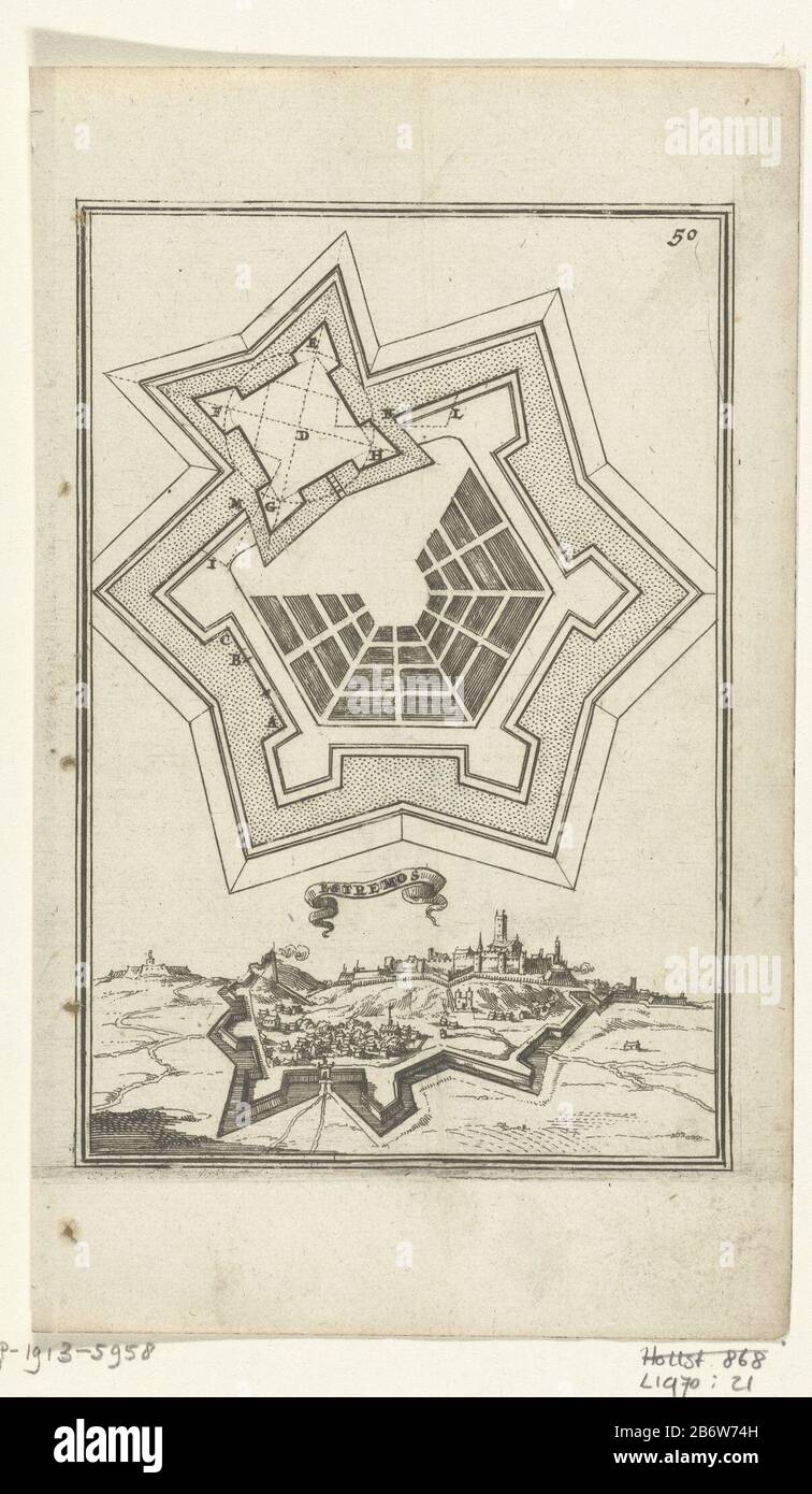 Illustratie voor 'Den Arbeid van Mars' van Allain Manesson Mallet Floor plan a castle, fort or strengthening. Underneath a face on a walled city Where: inside is a fortress (Estremoz in Portugal). In the upper right corner, the number 50 (= the number of the page in the book against which the illustration is placed) . Manufacturer : print maker: Romeyn the Hooghe To own design: Romeyn the Hooghe Place manufacture: Amsterdam Date: 1672 Physical characteristics: etching material: paper Technique: etching dimensions: sheet: h 185 mm × W 112 mmToelichtingIllustratie for: Allain Manesson Mallet, 't Stock Photo