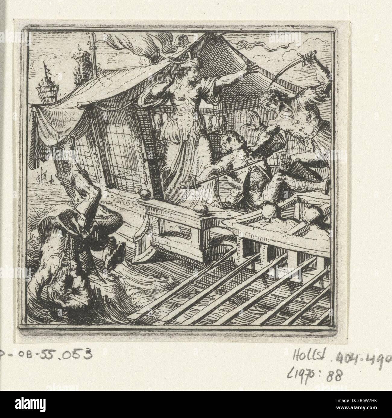 Illustratie voor de Decamerone van Boccaccio Illustration for the Decameron  of Boccaccio, history XVII. Boat with two men fighting and a wife (daughter  of Beminedab). A third man falls in the water.