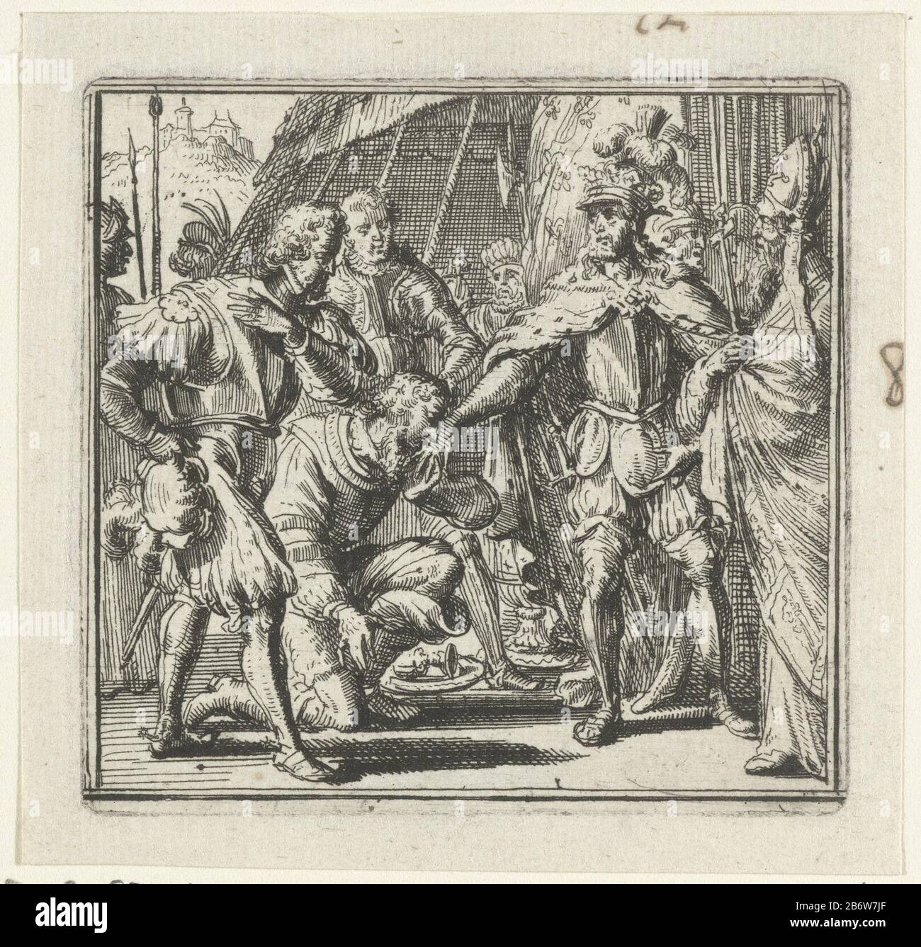 Illustratie voor de Decamerone van Boccaccio Illustration for the Decameron of Boccaccio, history XVIII. The Count of Angers kisses the hand of the king of Frankrijk. Manufacturer : printmaker: Romeyn de Hooghe To own design: Romeyn de Hooghe (attributed to) Place manufacture: Netherlands Date: 1697 Physical features: etching material: paper Technique: etching Dimensions: plate edge: h 76 79 mm × b mmToelichtingIllustratie for: Contes et nouvelles the Bocace Florentin. Traduction libre, 2 parts, Amsterdam, George Gallet, 1697. Subsequent editions of the same illustrations from 1699, 1702, 1732 Stock Photo