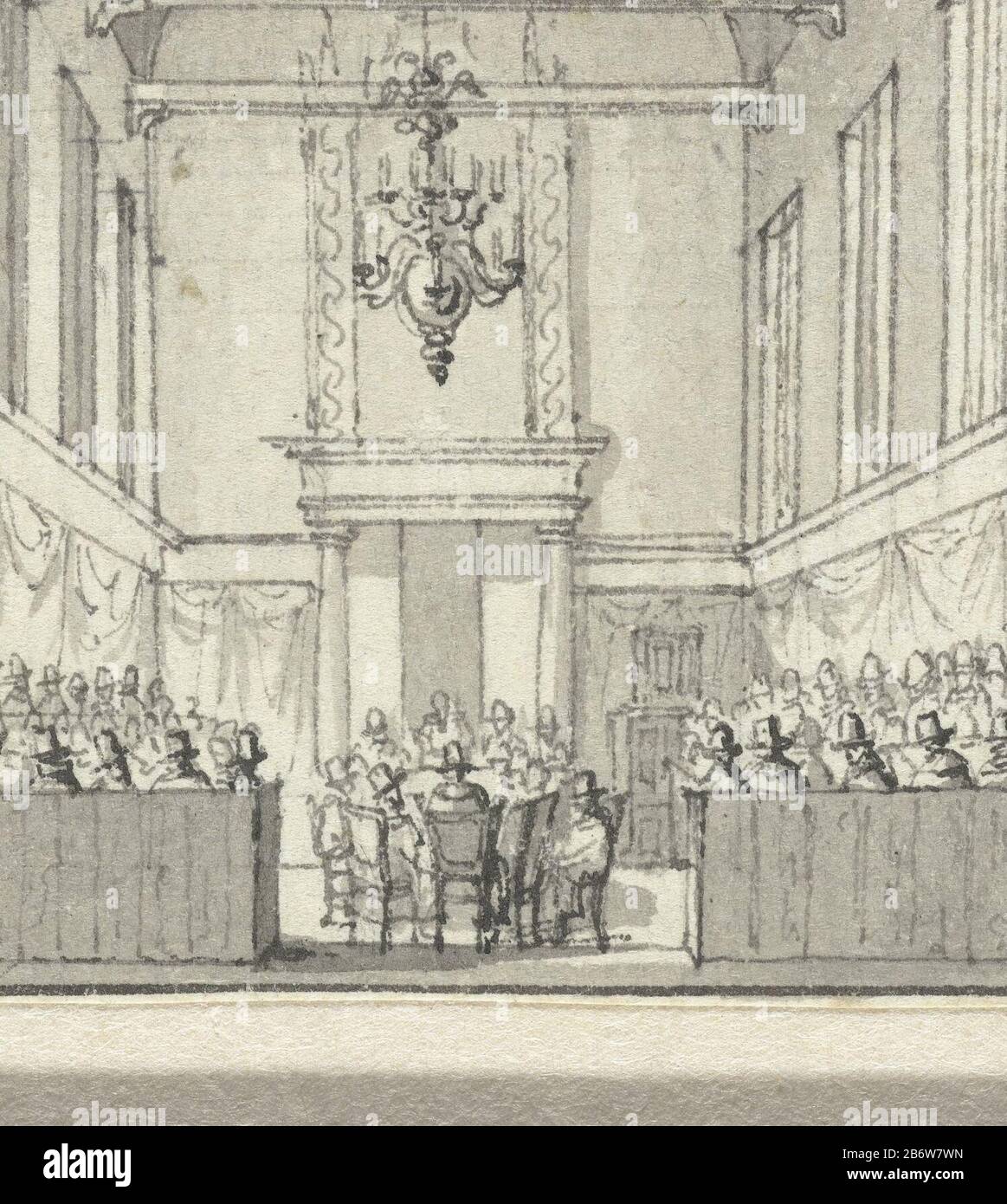 In 't Jaar 1618 en 1619 National Synod of Dordrecht, 1618-1619. Manufacturer : artist: anonymous artist: Jacques Kuyper (rejected attribution) Place manufacture: The Netherlands Date: ca. 1789 - ca. 1810 Physical characteristics: pen or brush in gray material: paper ink Technique: pen / brush dimensions: h 65 mm × b 55 mm Subject: organisaties, assemblies, etc. in Protestant churches remonstrants and counter-Remonstrants synod of Dordrecht When: 1618 - 1619 Stock Photo