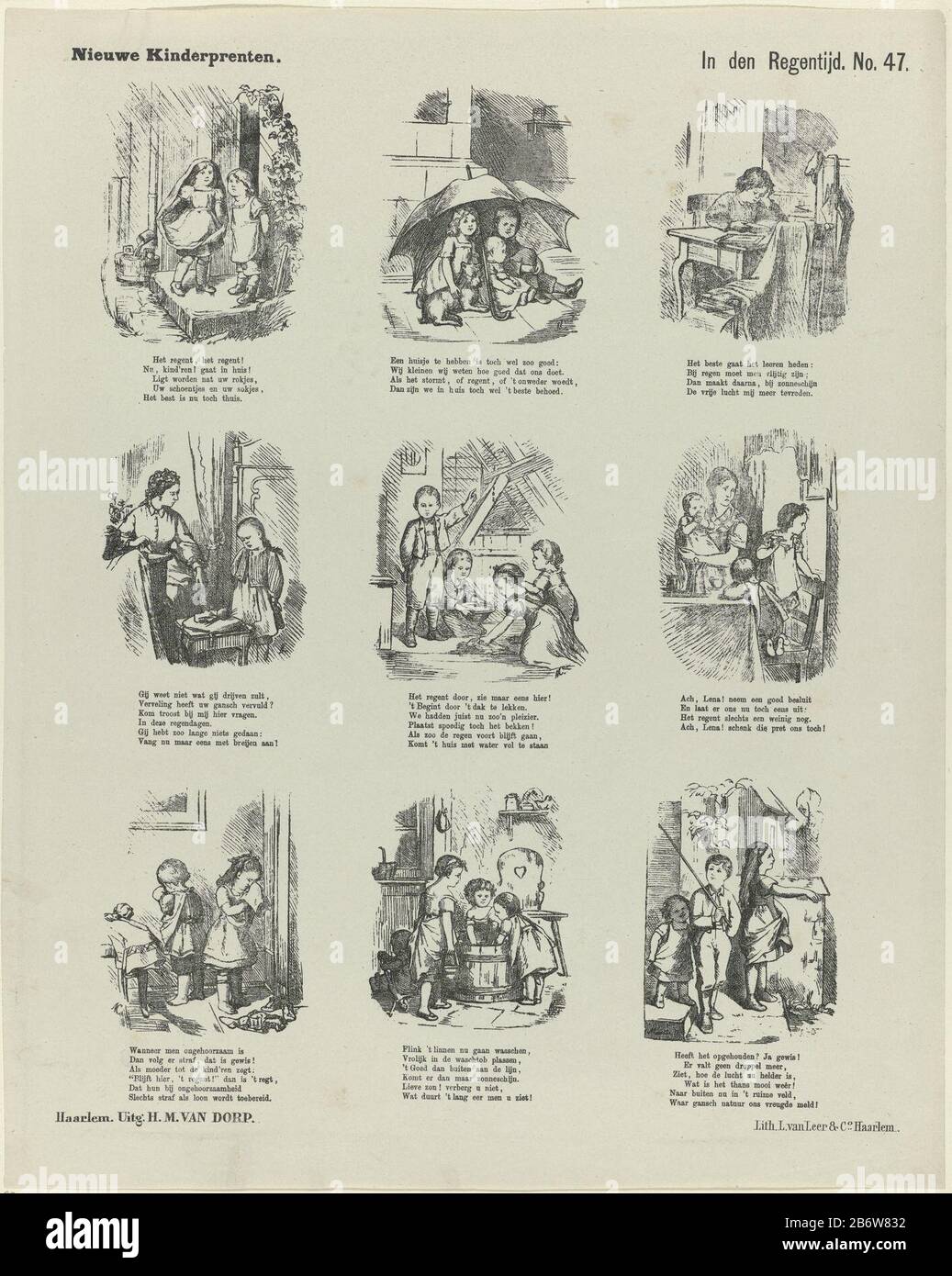 In Den Regentijd Titel Op Object Nieuwe Kinderprenten Serietitel Op Object Leaf With Nine Performances Of Scenes With Rain Where Among Children In The Rain Children Under An Umbrella And A Leaking