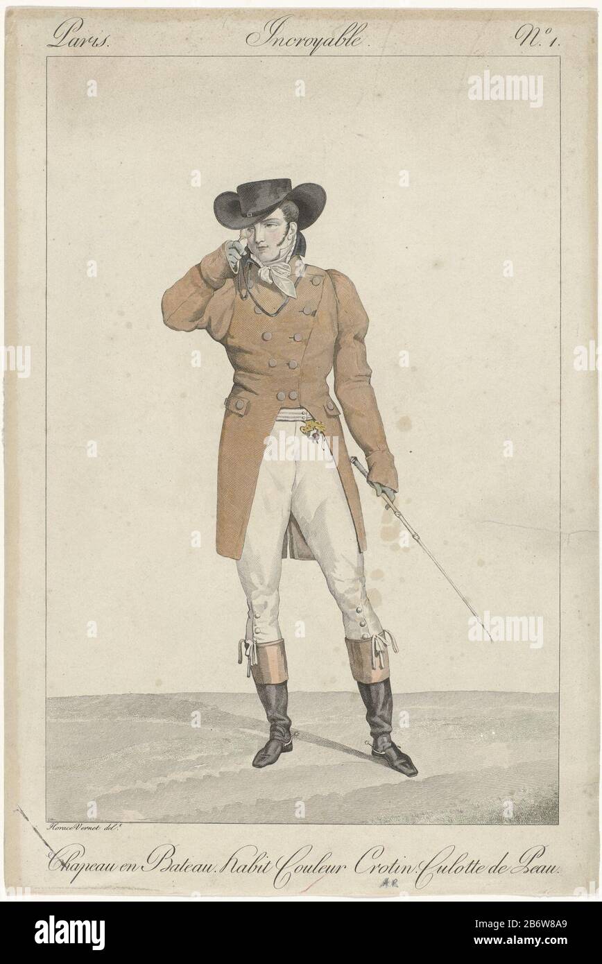 Incroyables et Merveilleuses, 1810, Incroyable, No 1 Chapeau en bateau  'Incroyable' with the head a chapeau and Bateau. He wears a 'habit' in  color 'Crotin' buttons with two rows. Below a striped