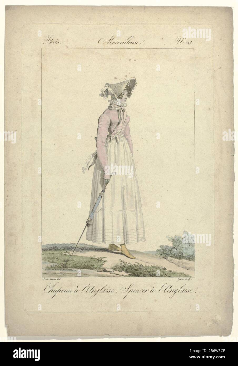 Incroyables et Merveilleuses, 1814, Merveilleuse, No 21 Chapeau a l'Anglais  () "Merveilleuse" with the head a "chapeau à l'Anglaise. She is wearing a  spencer à l'Anglaise "in a skirt. High collar with