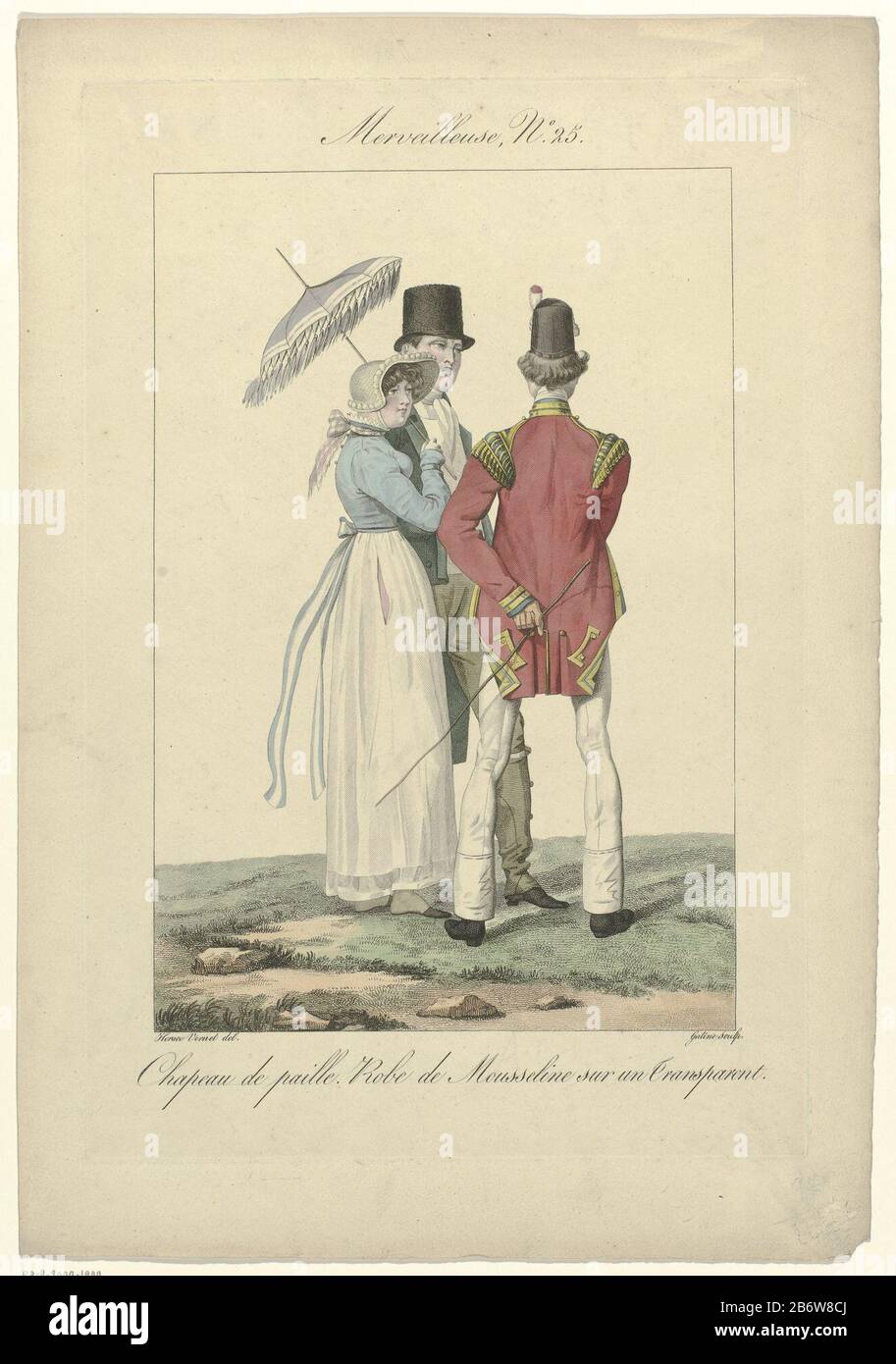 Incroyables et Merveilleuses, 1815, Merveilleuse No 25 Chapeau de paill ()  "Merveilleuse" with the head a straw hat. She wears a gown of muslin about  a 'Transparent' (petticoat). In hand umbrella trimmed
