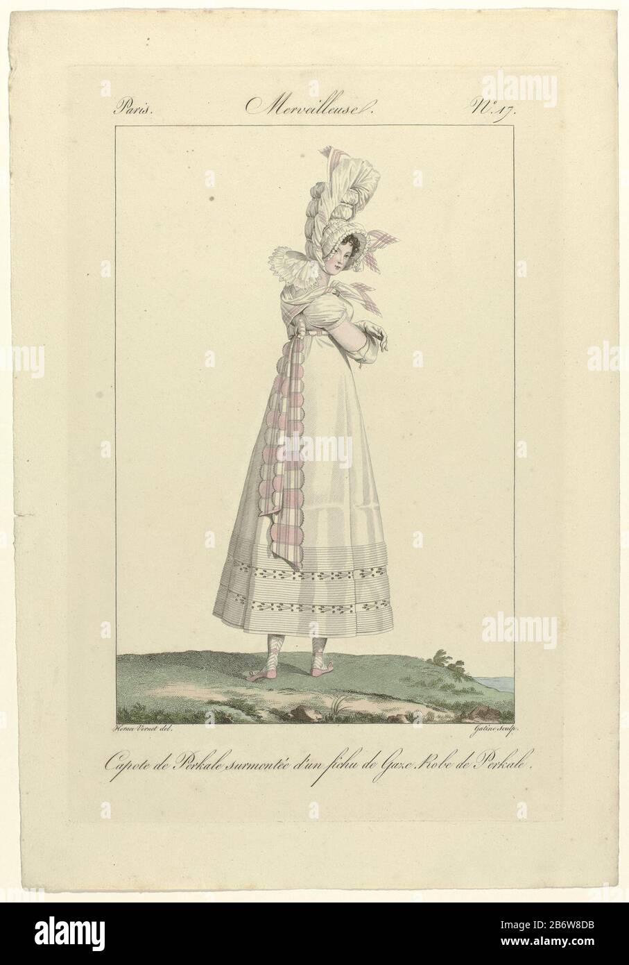 Incroyables et Merveilleuses, 1813, Merveilleuse, No 17 Capote de Perkal ()  'Merveilleuse', seen from the back, ha on its head a 'capote' cotton  percale (percale), Where: around it is attached, form a