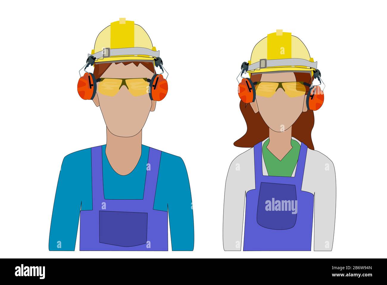 Set color construction workers isolated on white background. Builders with overalls, helmet, safety headphones and glasses. Stock vector illustration Stock Vector