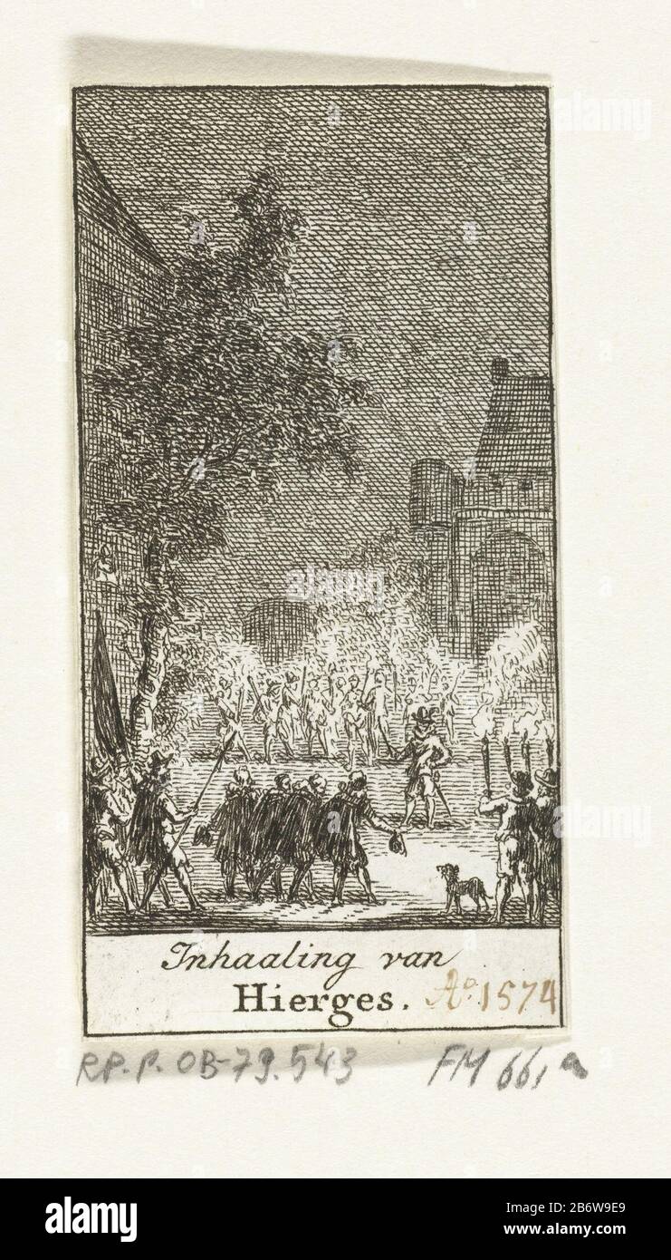 Inhaling van Hierges te Amsterdam, 1574 Inhaaling van Hierges (titel op object) Night Scene Where: Gilles Berlaymont, Baron of Hierges, Amsterdam is received, 1574. in the foreground representatives of the city in the background soldiers with burning toortsen. Manufacturer : printmaker Simon Fokke Place manufacture: Northern Netherlands Date: 1722 - 1784 Physical features: etching material: paper Technique: etching dimensions: leaf : h 80 mm × 41 b mmToelichtingPrentje for an almanac. With the letter. Subject: Eighty Years' War When: 1574 - 1574 Stock Photo