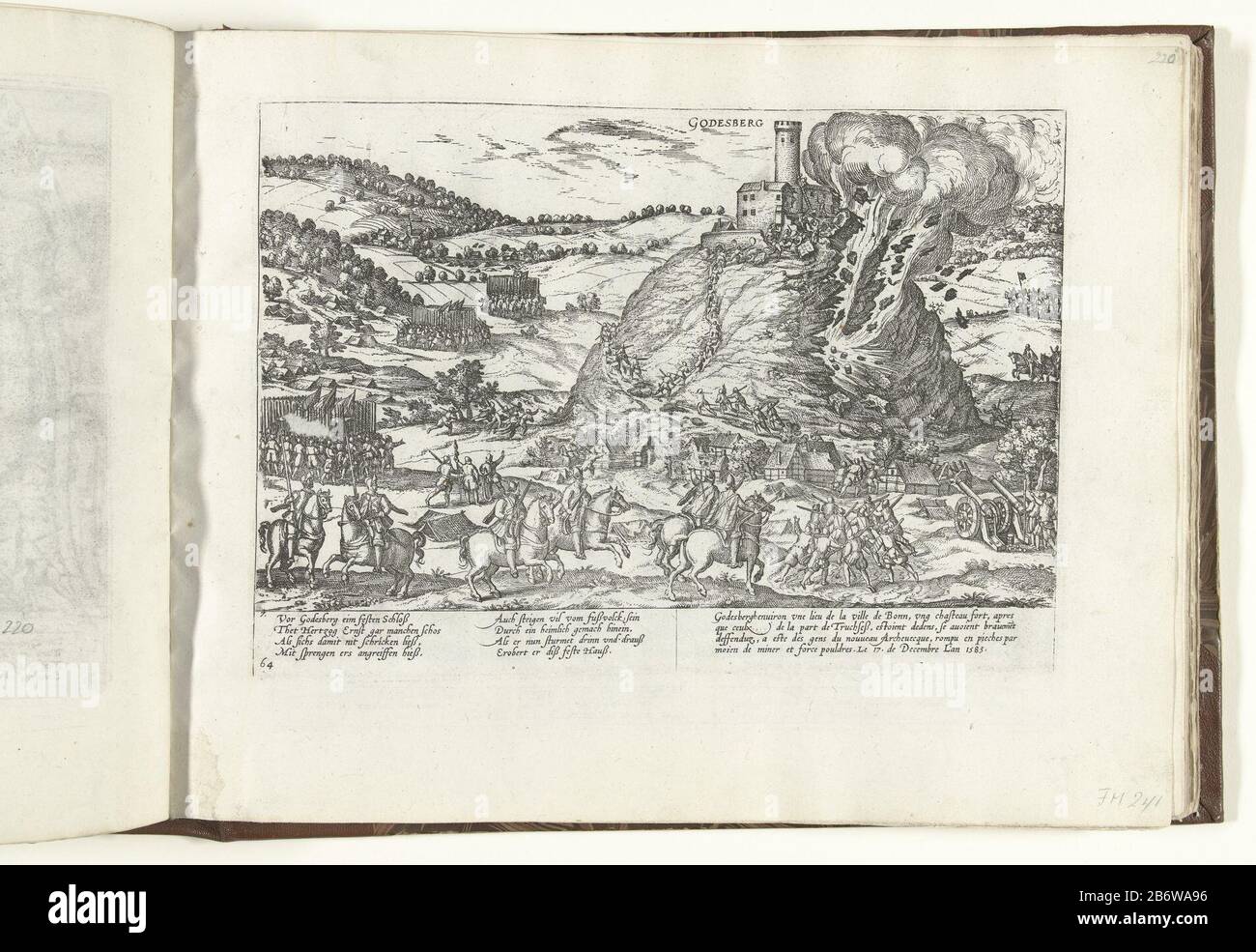 Inname en verwoesting van Godesberg, 1583 Serie 9 Nederlandse en Duitse Gebeurtenissen, 1583-1587 (serietitel) Taking and destruction of Godesberg, 1583Serie 9: Dutch and German Events, 1583-1587 (series title) Property Type: print new picture album leaves Serial number: 241 / 469Objectnummer: RP-P-OB-78.784-221Catalogusreferentie: FMH 413 -241Hellwig 251New Hollstein Dutch B192-2 (3) Description: Taking and destruction of Godesberg, december 17th 1583. Episode from the Cologne War. With signature of 8 lines in German and four lines in French. Numbered 64 and 7. Manufacturer : printmaker Frenc Stock Photo