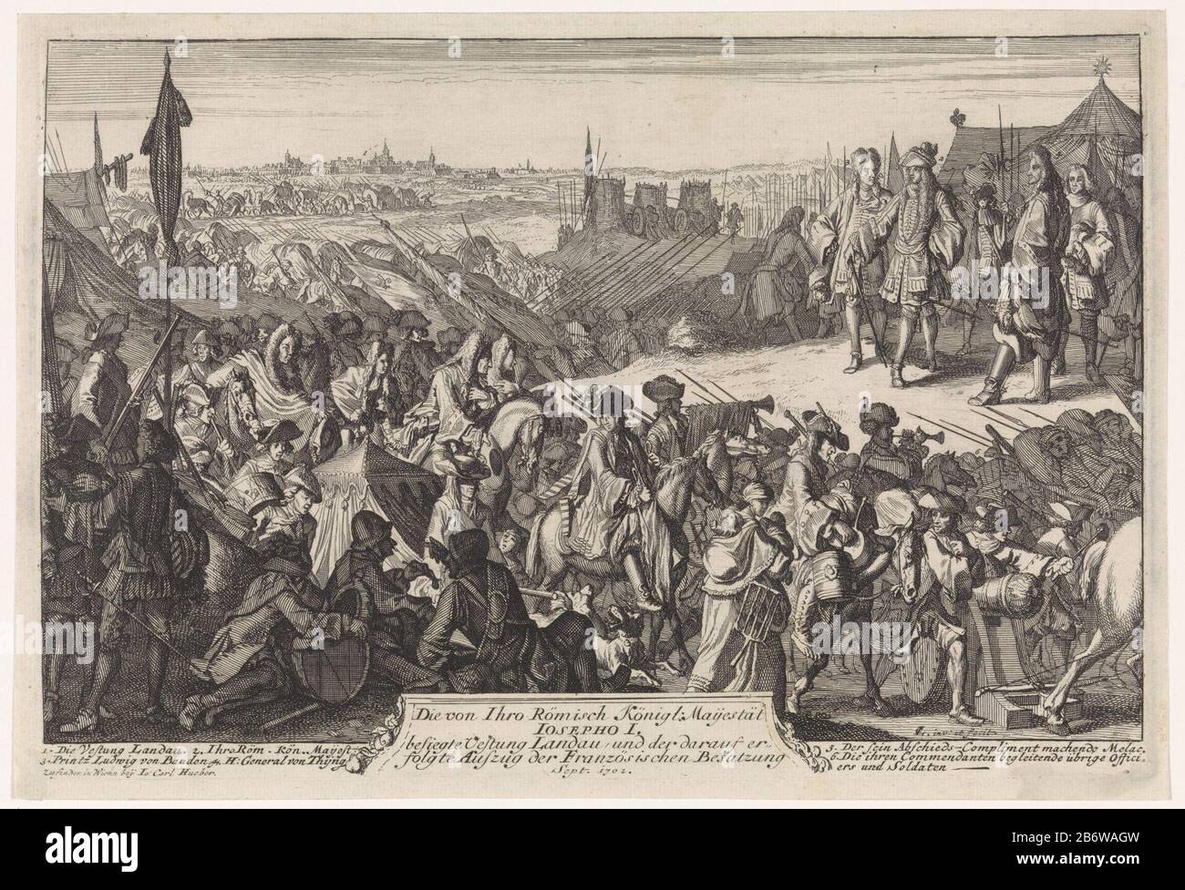 Inname van Landau, 1702 The siege of Landau, captured from the French by imperial troops under Louis William I, Margrave of Baden-Baden, september 10th 1702. Right Joseph I state with prince William Louis. In the background, lea the French troops from Landau. The print has a German team with aanwijzingen. Manufacturer : printmaker: Caspar Luyken (listed property) designed by Caspar Luyken (listed building) Publisher: IC Hueber (listed property) Place manufacture: Vienna Date: 1702 Physical features: etching material: paper Technique: etching dimensions: plate edge: h 190 mm × W 284 mm Subject: Stock Photo
