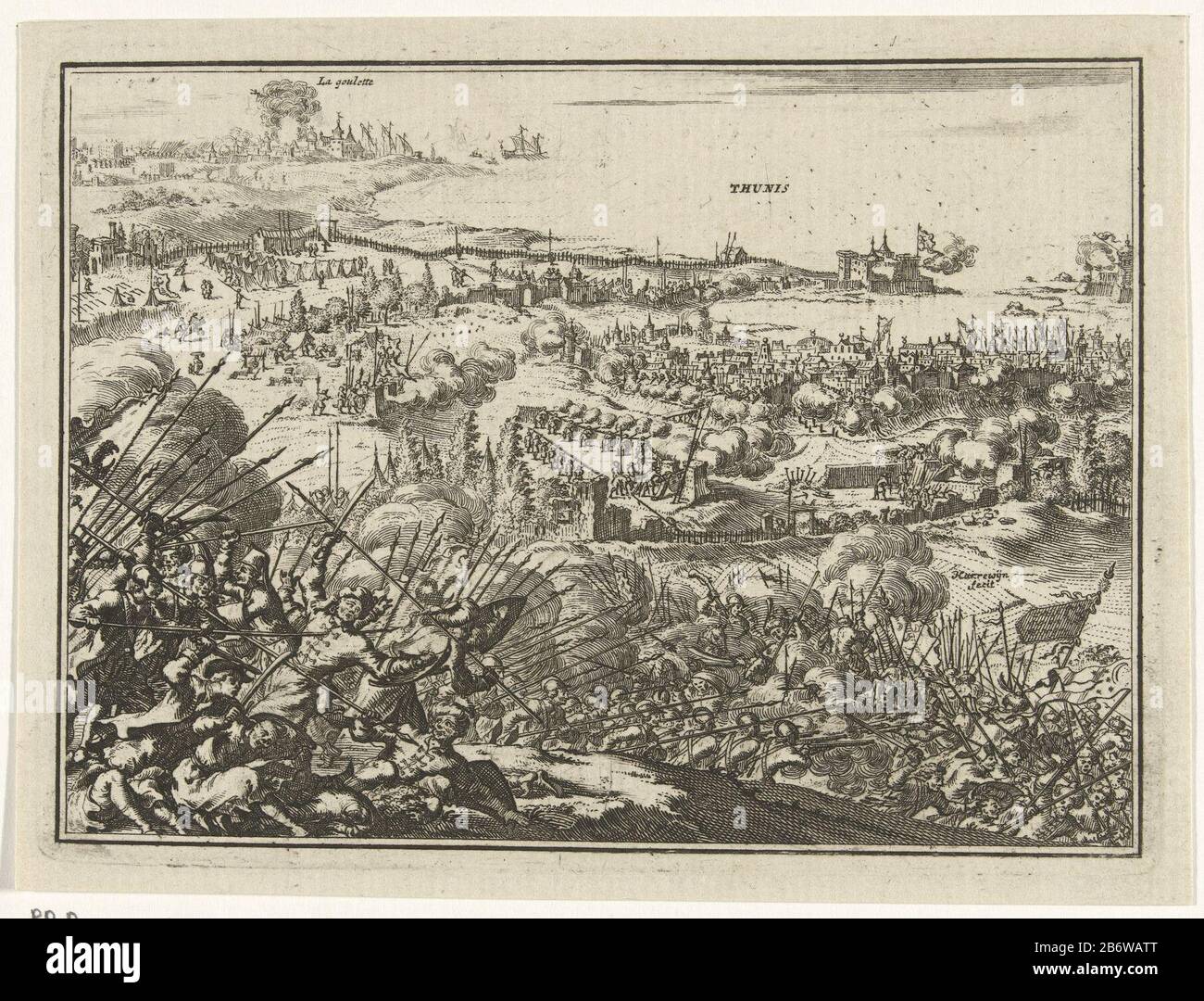 Inname van Tunis door Karel V Conquest of Tunis by Charles V, after a siege of the fortress La Goletta on July 14 1535. Manufacturer : print maker: Jacobus Harrewijn (indicated on object) Place manufacture: The Netherlands Date: 1682 - 1730 Physical characteristics: etching material: paper Technique: etching dimensions: plate edge: h 115 mm × W 160 mm Subject: battle (+ during the battle ) Taking of Tunis (1535) When: 1535-07-14 - 1535-07-14 Stock Photo