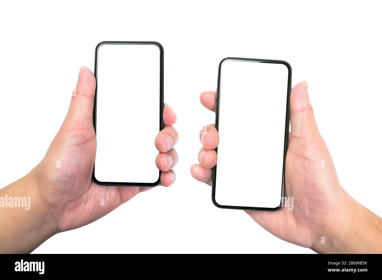 two hands holding blank screen smartphone isolated on white background ...