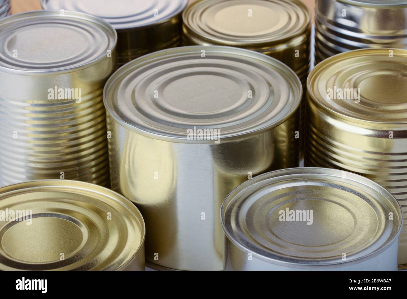Close up of group of food tin cans Stock Photo