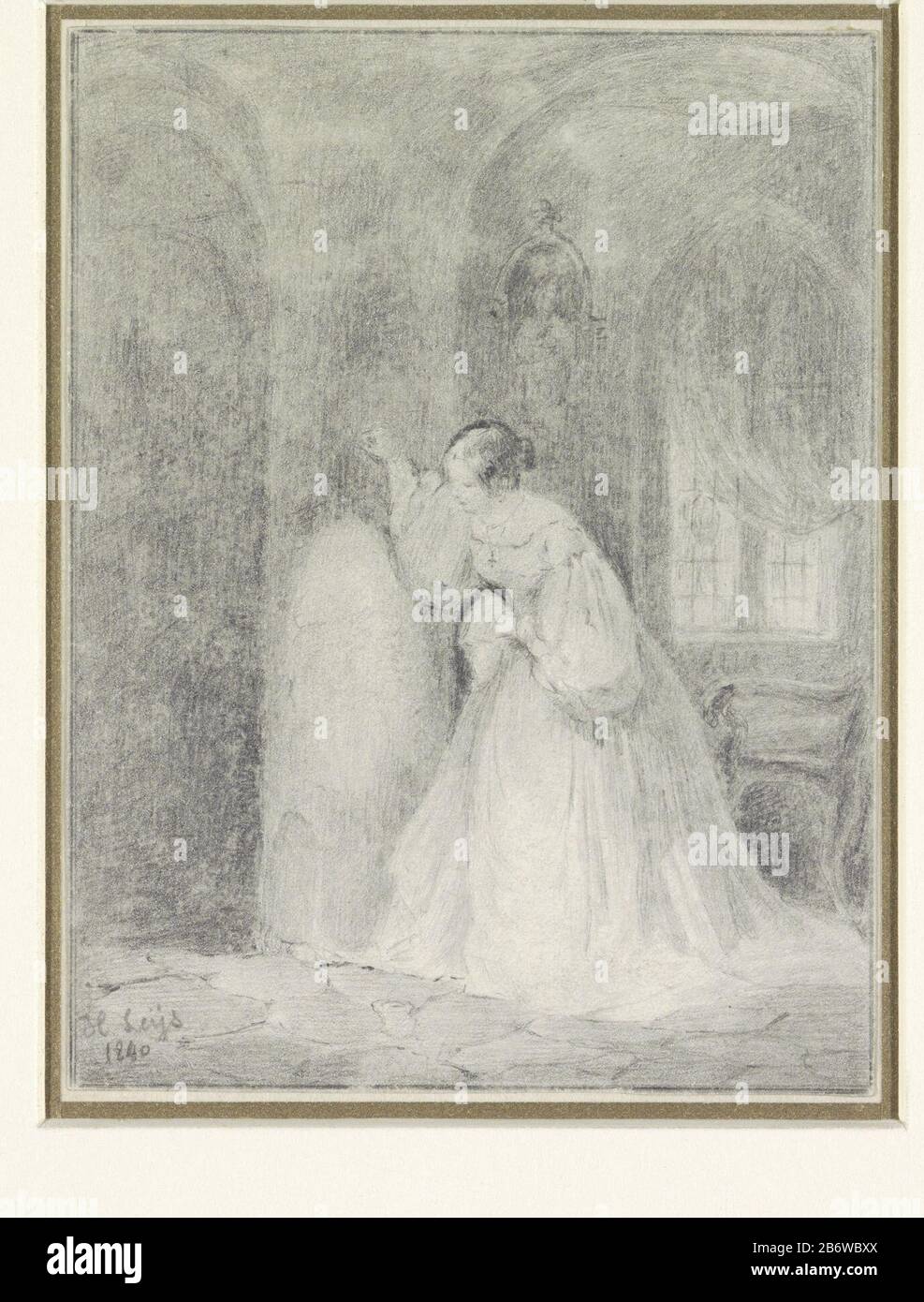 Interieur met jonge vrouw steunend tegen een zuil Interior with a young woman leaning against a pillar type of object: Drawing Object number: RP-T 1957-330 Manufacturer : artist: Henri Leys (baron) Dated: 1840 Physical features: pencil material: paper pencil Dimensions: H 133 mm × W 100 mm Subject: leaning forward - AA - female human figure Stock Photo