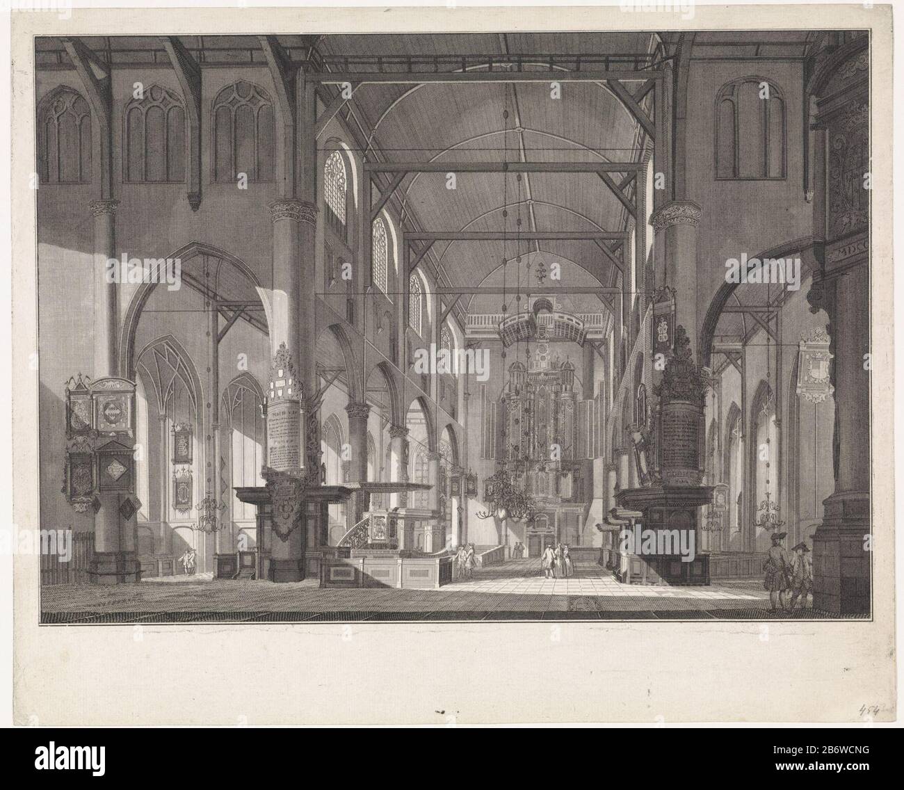 Interieur van de Grote of Sint-Laurenskerk te Rotterdam, gezien in de richting van het orgel Interior of the Great or Laurens Church in Rotterdam, seen in the direction of the organ. In the church are some figuren. Manufacturer : printmaker Jan Point to drawing: Paul LienderPlaats of manufacture: Amsterdam Date: or attributes 1758 Physical: etching and engra; proofing material: paper Technique: etching / engra (printing process) Measurements: sheet: h 371 mm × W 455 mmToelichtingZie RP-P-1907-2150, and RP-P-AO-13-32 for the second staat. Subject: interior of church church organ in which: Grote Stock Photo