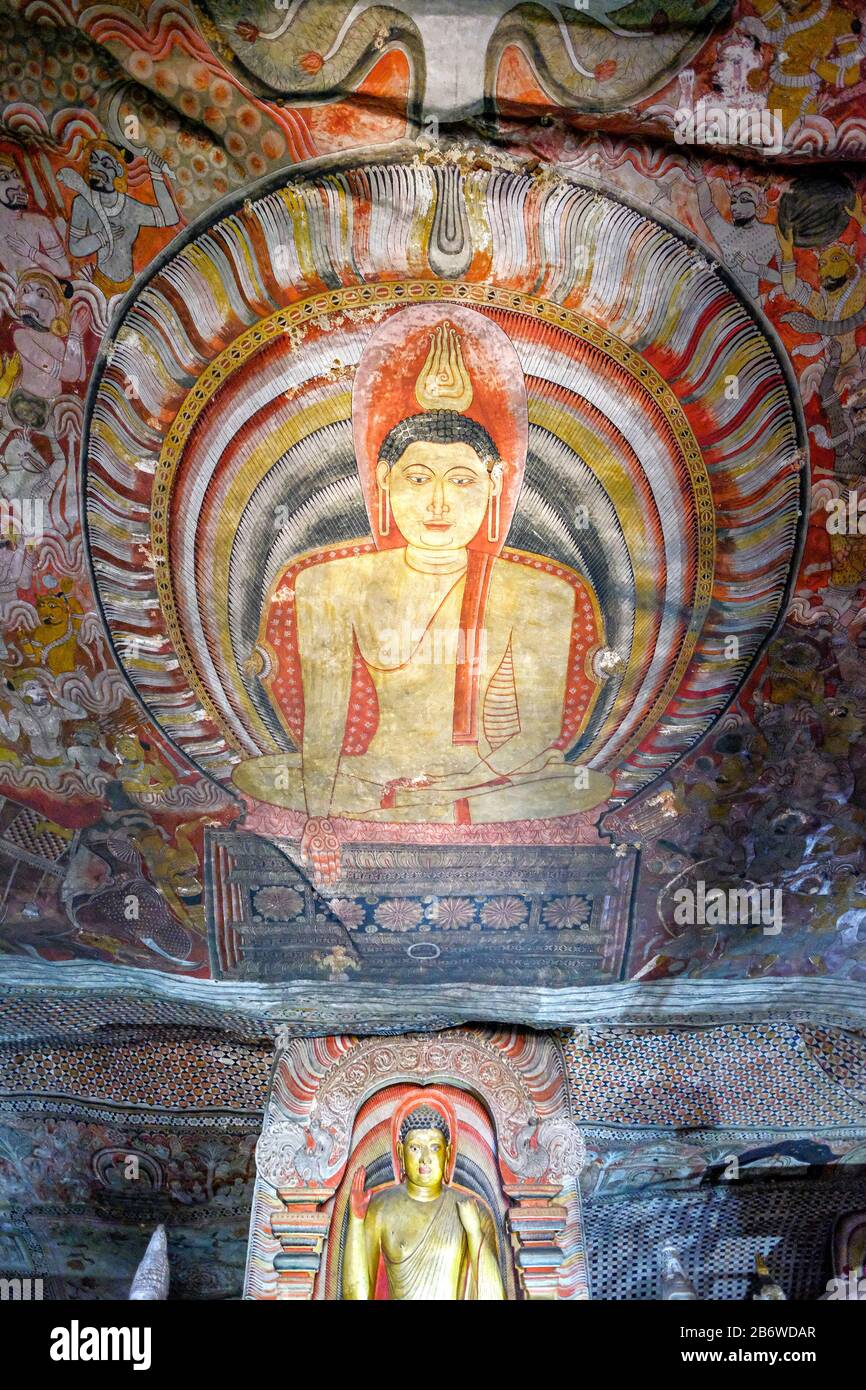 Dambulla, Sri Lanka - February 2020: Buddha painted inside Dambulla cave temple on February 8, 2020 in Dambulla, Sri Lanka. Stock Photo