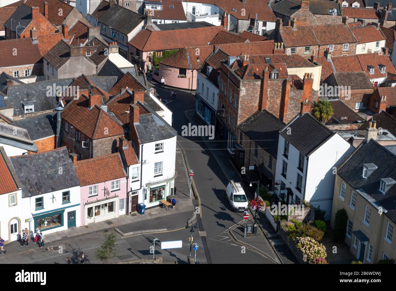Street and houses in Wells, Somerset, England, taken from the Parish church tower Stock Photo