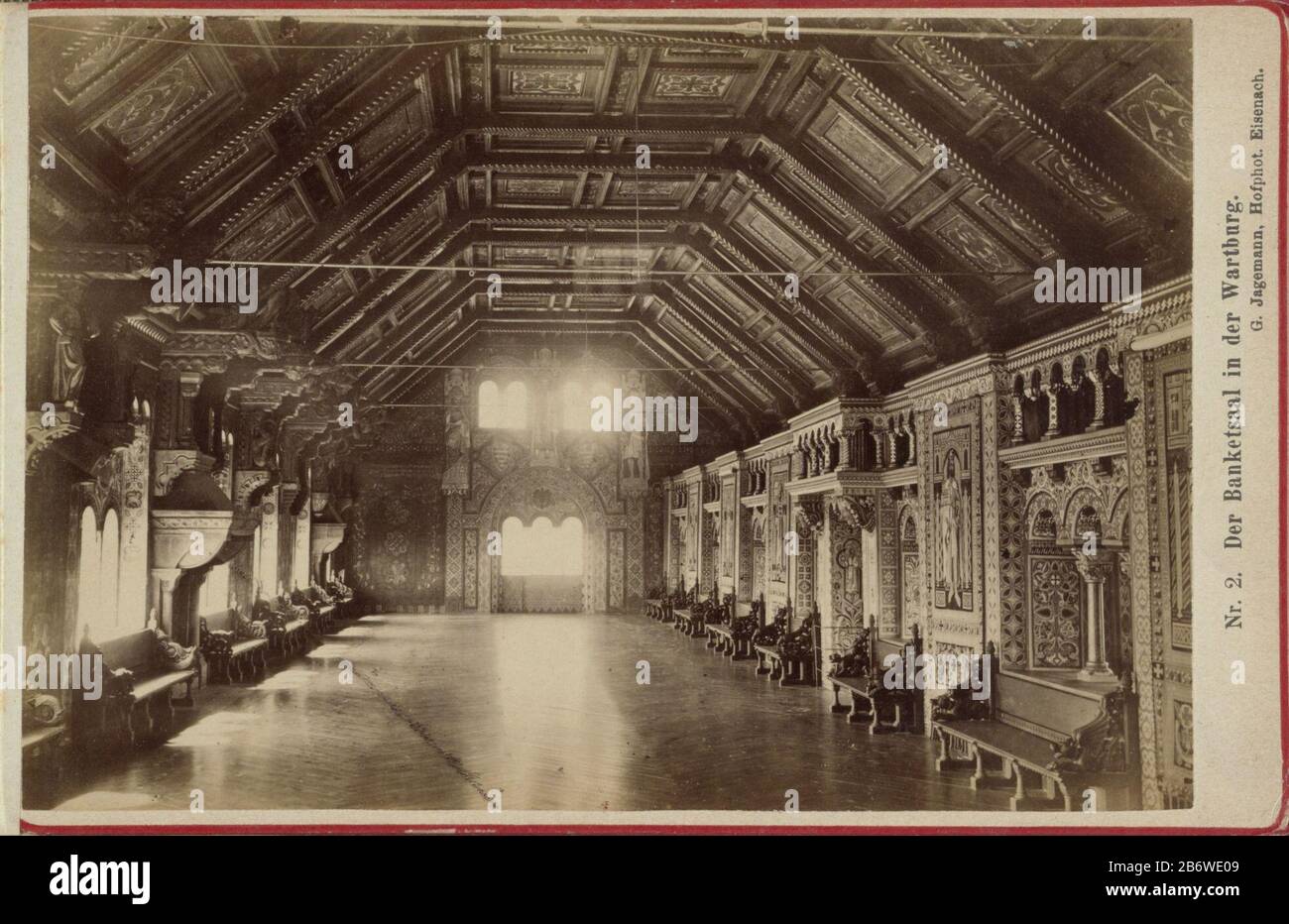 Interieur van de banketzaal in de Wartburg in Eisenach Der Banketsaal in der Wartburg (titel op object) Part of album with 38 pictures of a trip through the Harz. Manufacturer : photographer G. Jagemann (listed property) Place manufacture: Eisenach Date: ca. 1870 - ca. 1890 Physical features: albumen print material: paper cardboard paper Technique: albumen print dimensions: photo: h 103 mm × W 153 mm Subject: traveling; tourism dining room where: Eisenach Stock Photo