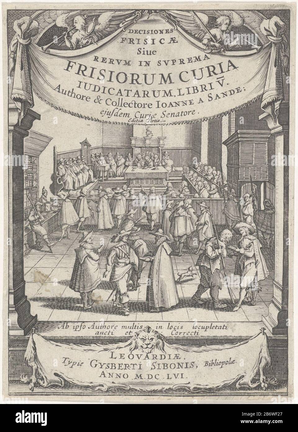 Interieur van een rechtbank Titelpagina voor Johan van den Sande, Decisiones Frisicae siue Rerum in suprema Frisiorum curia judicatarum, libri V, 1656 Many male figures in an interior of a court. On either side of the show two columns with there over the title. Above the title two angels with the attributes Where: of justice and a mirror, respectively scales and sword. Among the performance, a spread lion's skin ha thereon the impressum. Manufacturer : print maker: J. Herman Publisher: Gysberti Sibonis (indicated on object) writer: Johan, van den Sande (indicated on object) Place manufacture: Stock Photo