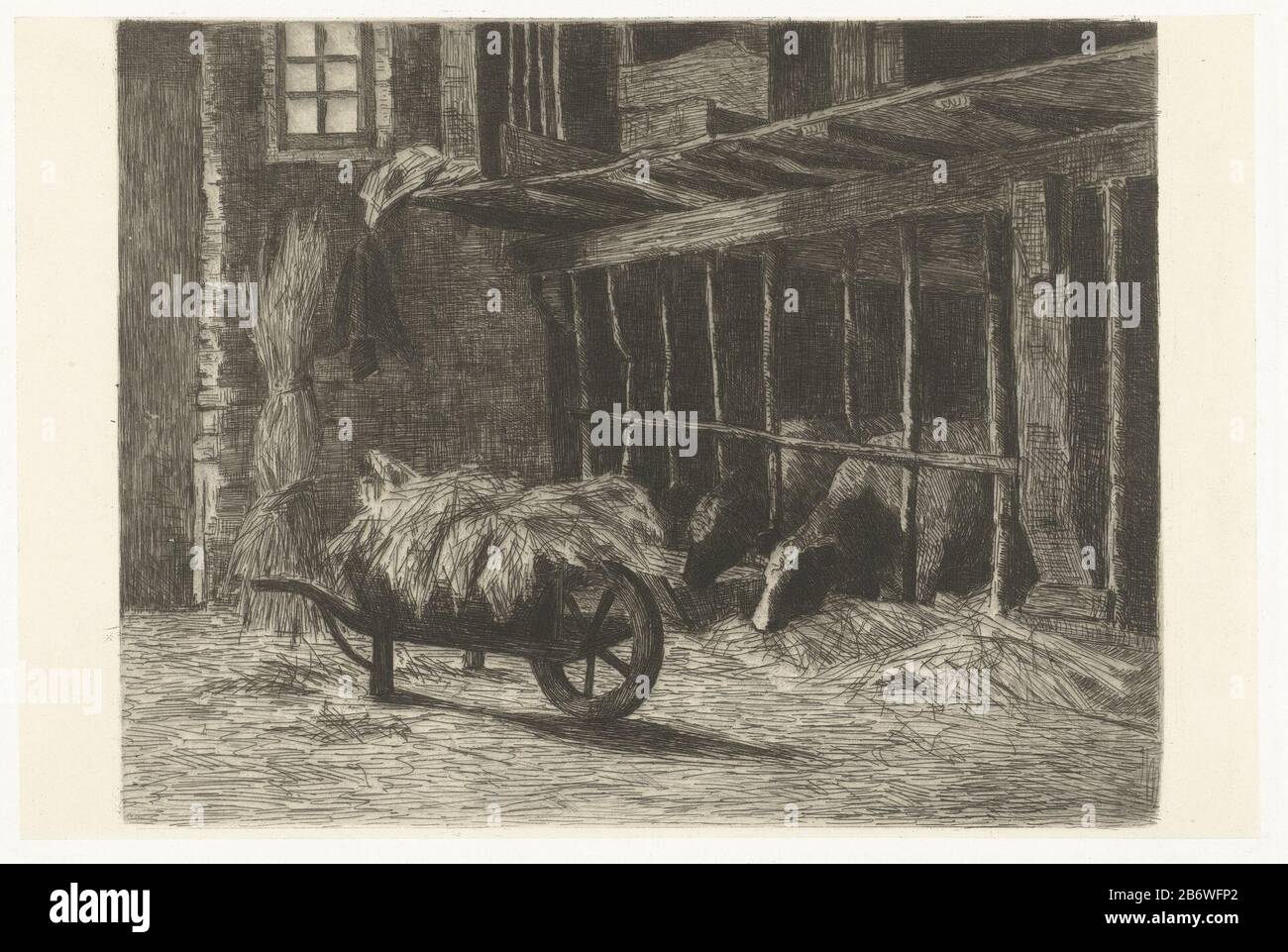 Interieur Van Stal Met Koeien En Kruiwagen Met Hooi Interior Of Stable With Cows And Wheelbarrow