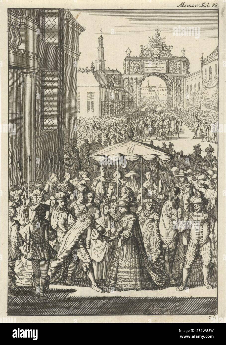 Intocht van de koningin te Madrid Print right labeled: Memor : Fol: 88. Manufacturer : print maker: Caspar Luyken (indicated on object) publisher: Willem BroedeletPlaats manufacture: print maker: Amsterdam Publisher: Utrecht Date: 1696 Physical characteristics: etching material: paper Technique: etching dimensions: sheet: h 193 mm × W 134 mmToelichtingIllustratie of: D 'Aulnoy, Marie Catherine Le Jumel de Barneville. Reyse by Spaignien, neffens memo rien des selfs of court. Utrecht Willem Broedelet, 1696. Subject: triumphal entry and public reception, pageant, 'entrée solennelle' 'joyeuse entr Stock Photo