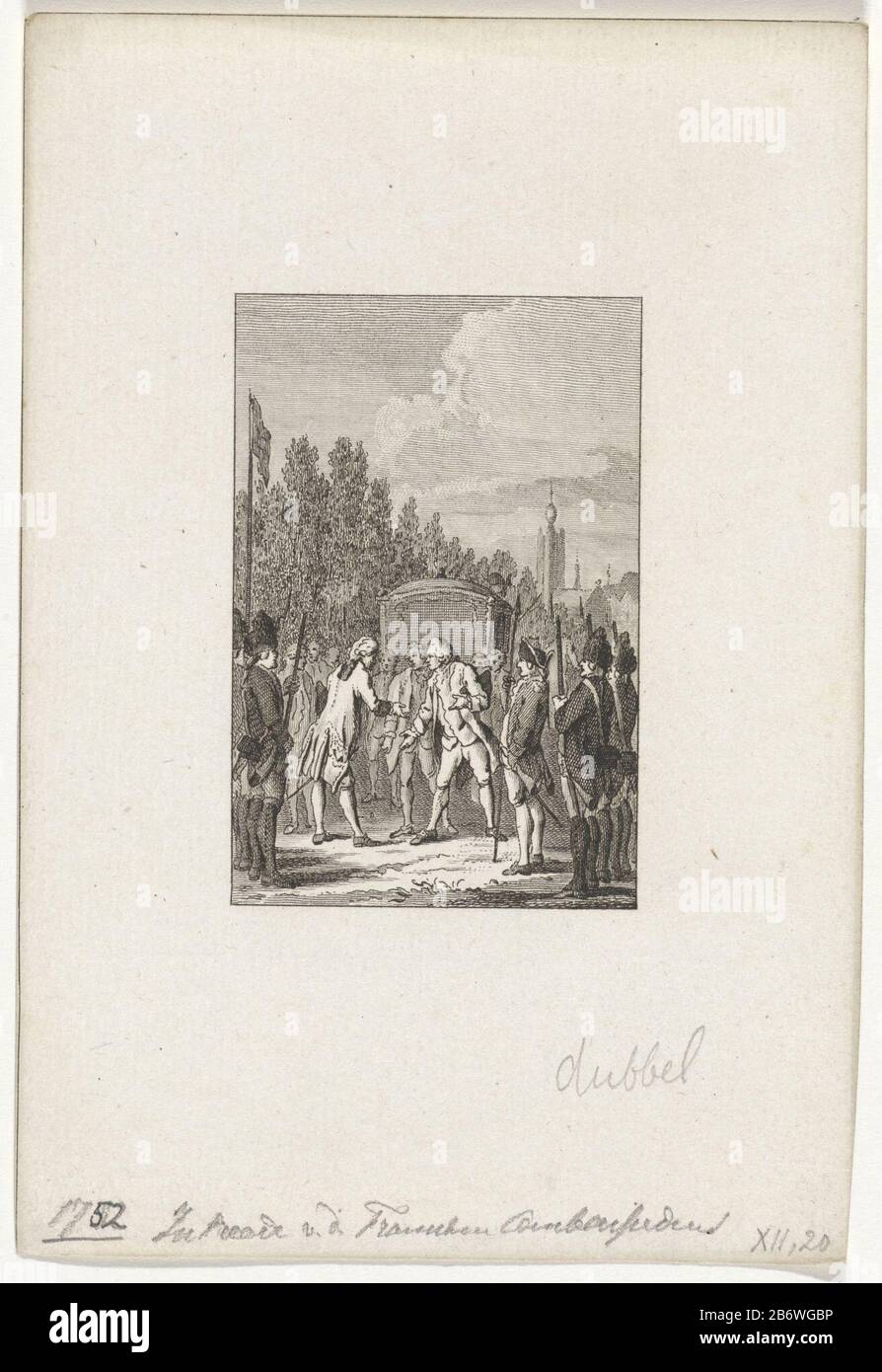 Intrede van de Franse ambassadeur de markies de Bonnac te Delft, 1753 Reception of the French ambassador, the Marquis de Bonnac in Delft on April 20 1753. the ambassador is welcomed in his carriage by an envoy of the mayor of the stad. Manufacturer : printmaker: Reinier Vinkeles (I) printmaker: Cornelis Bogert in drawing: Jacobus Buys Place manufacture: Amsterdam Date: 1783 - 1795 Physical characteristics: etching; proofing material: paper Technique: etching dimensions: sheet: h 160 mm × W 100 mmToelichtingIllustratie for: J. Fokke. Histories of the United Netherlands for the patriotic youth. Stock Photo