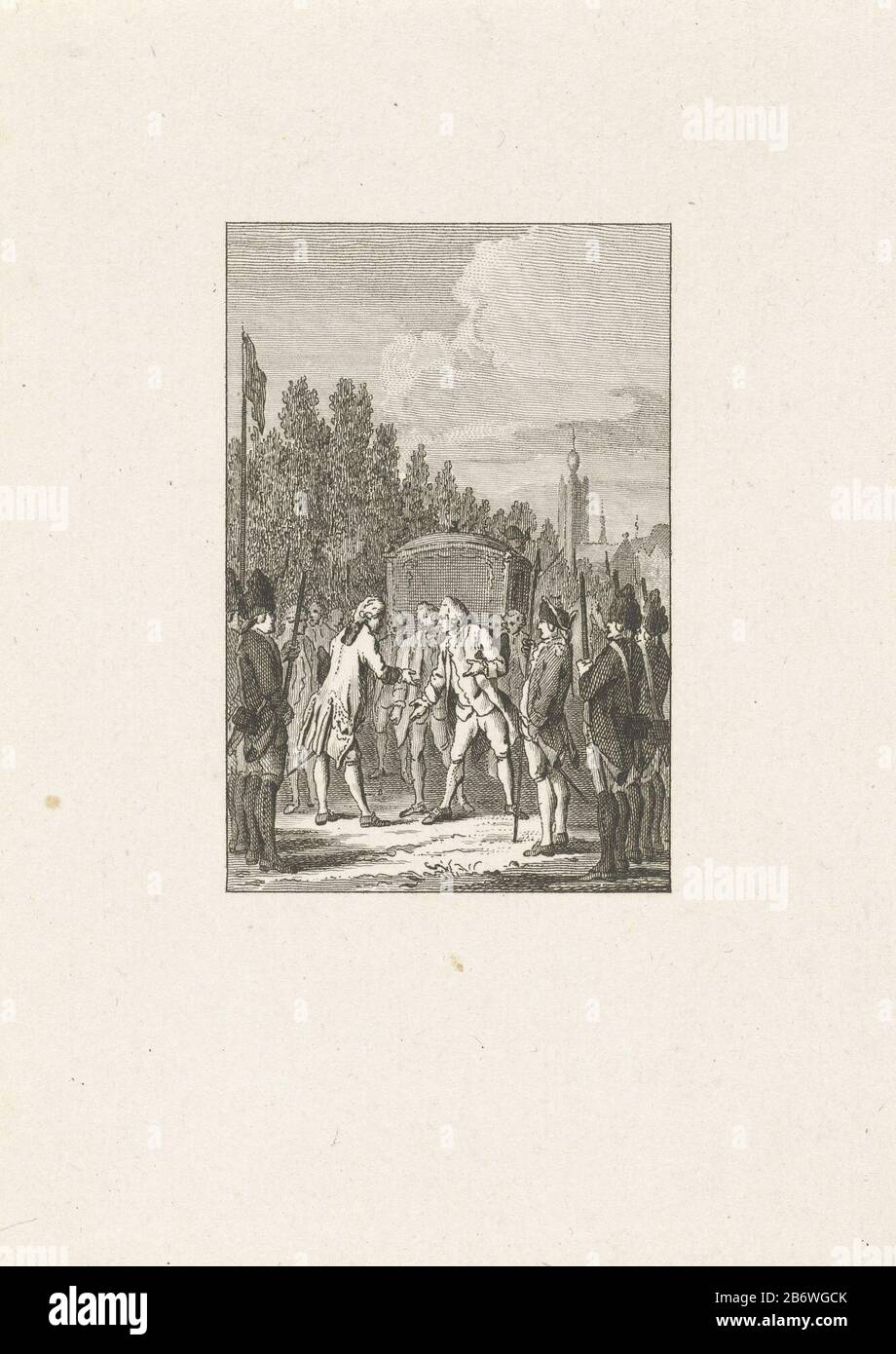 Intrede van de Franse ambassadeur De Bonac te Delft, 1753 Reception of the French ambassador, the Marquis de Bonac in Delft on April 20 1753. the ambassador is welcomed in his carriage by an envoy from the mayor of the city. Signature upper right: XII.D.Pl.II. Manufacturer : print maker: Reinier Vinkeles (I) print maker: Cornelis Bogert In drawing: Jacobus Buys Place manufacture: Northern Netherlands Date: 1780 - 1795 Physical characteristics: etching material: paper Technique: etching dimensions: top: 157 h mm × W 112 mmToelichtingGebruikt as illustration in: J. Fokke, Histories of the United Stock Photo