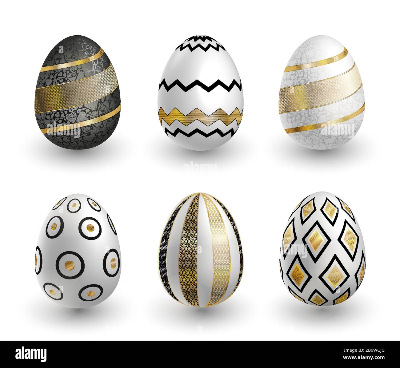 Black white gold Easter eggs with lace patterns on white background. Vector set for holiday Easter card Stock Vector