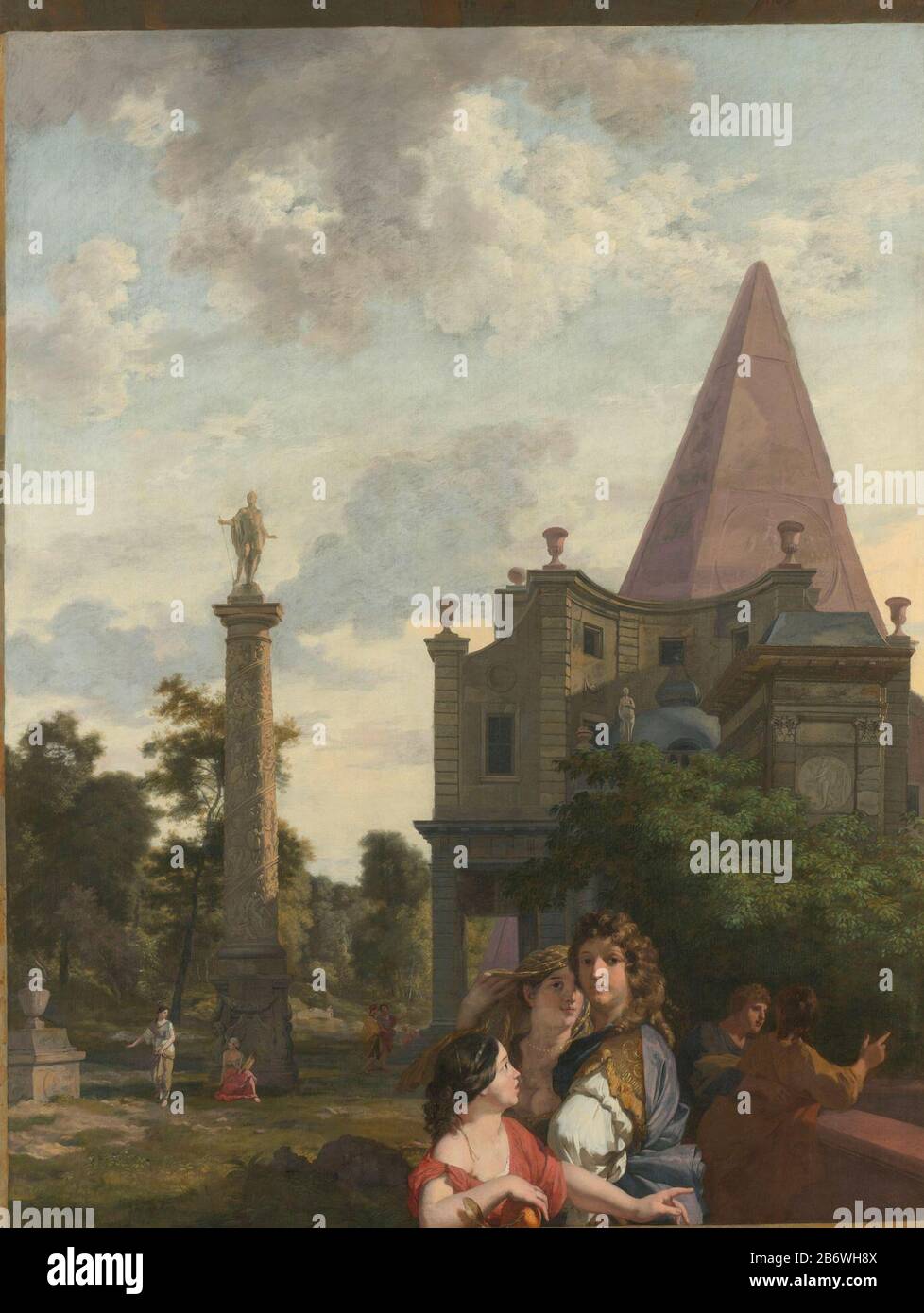 Italiaans landschap met drie vrouwen op de voorgrond Kamerbeschildering voor het huis van Jacob de Flines te Amsterdam (serietitel), SK-A-4216  Italian landscape with a group of three women in the foreground . In the middle distance a large villa for a pyramid and a left column with relief work. Part of a series of four paintings (SK-A-4213/4216) from the house of Jacob de Flines to Amsterdam. Manufacturer  the Herengracht: painter Gerard de Lairesse painter Johannes Glauber Dating: ca. 1687 Physical characteristics: oil on canvas material: cloth oil Dimensions: height: 290 cm h. width b 212 c Stock Photo