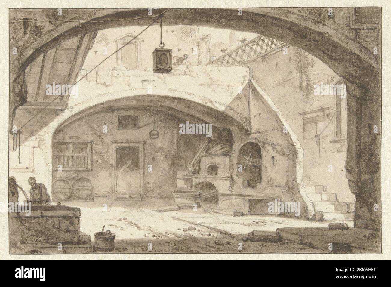 Italiaanse binnenplaats met een bakkerij Sight through an arch in an Italian courtyard with stairs and well. Manufacture Vervaardiger: draftsman: Thomas Heeswijck Date: 1644 - 1653 Physical characteristics: brush in dark brown over sketch in graphite material: paper graphite Technique: brush dimensions: h 154 mm × W 234 mm Subject: geographical names of countries, regions, mountains, rivers, etc. (ITALY) (ITALY) courtyard where baker Italy Stock Photo