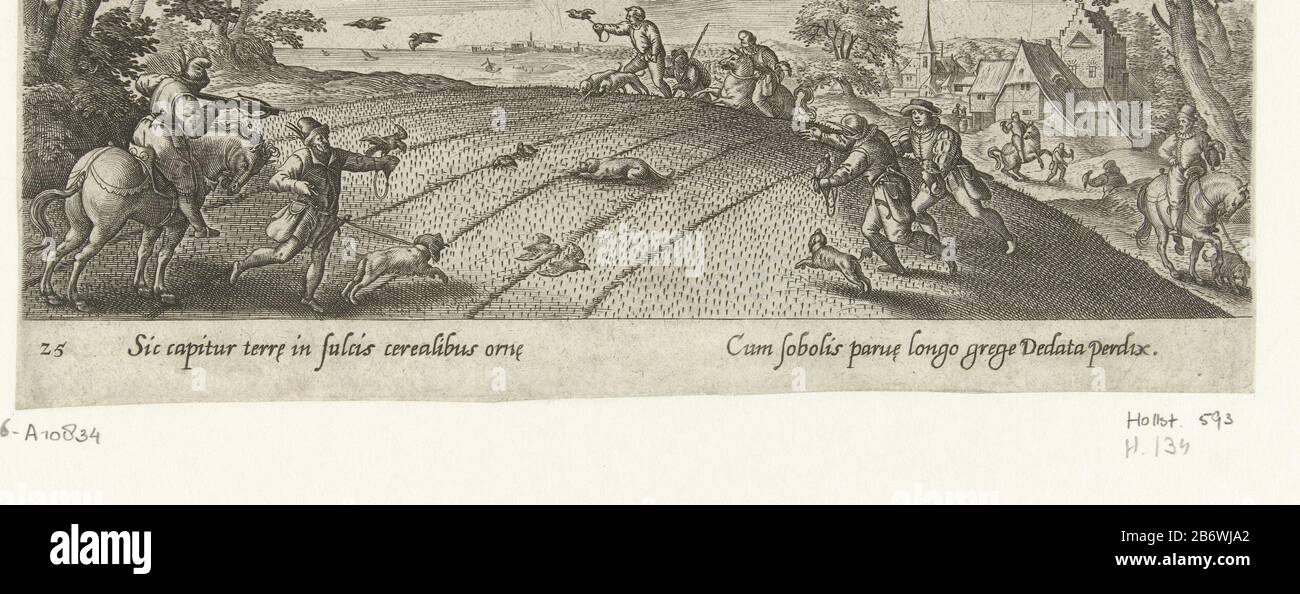 Jacht op de leeuwerik Jacht en visvangst (serietitel) Venationes, Piscationes et Aucupii Typi (serietitel) Hunters on horseback and on foot hunt using dogs and falcons at the skylark. The print has a Latin caption and is part of a series of 54 prenten. Manufacturer : printmaker: Philip Galle (attributed to workshop) designed by Hans Boluitgever Theodoor Gall Place manufacture: Antwerp Date: 1582 and / or 1582 - 1633 Physical features : car material: paper Technique: engra (printing process) Dimensions: sheet: h 81 mm × W 215 mm Subject: song-birds: larkbird hunting (+ hunting with dogs) bird h Stock Photo