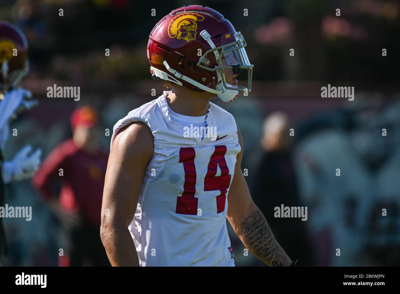 Southern California Trojans cornerback Jayden Williams (14) during the first day of spring practice, Wednesday, Mar 11, 2020, in Los Angeles. California, USA. (Photo by IOS/Espa-Images) Stock Photo