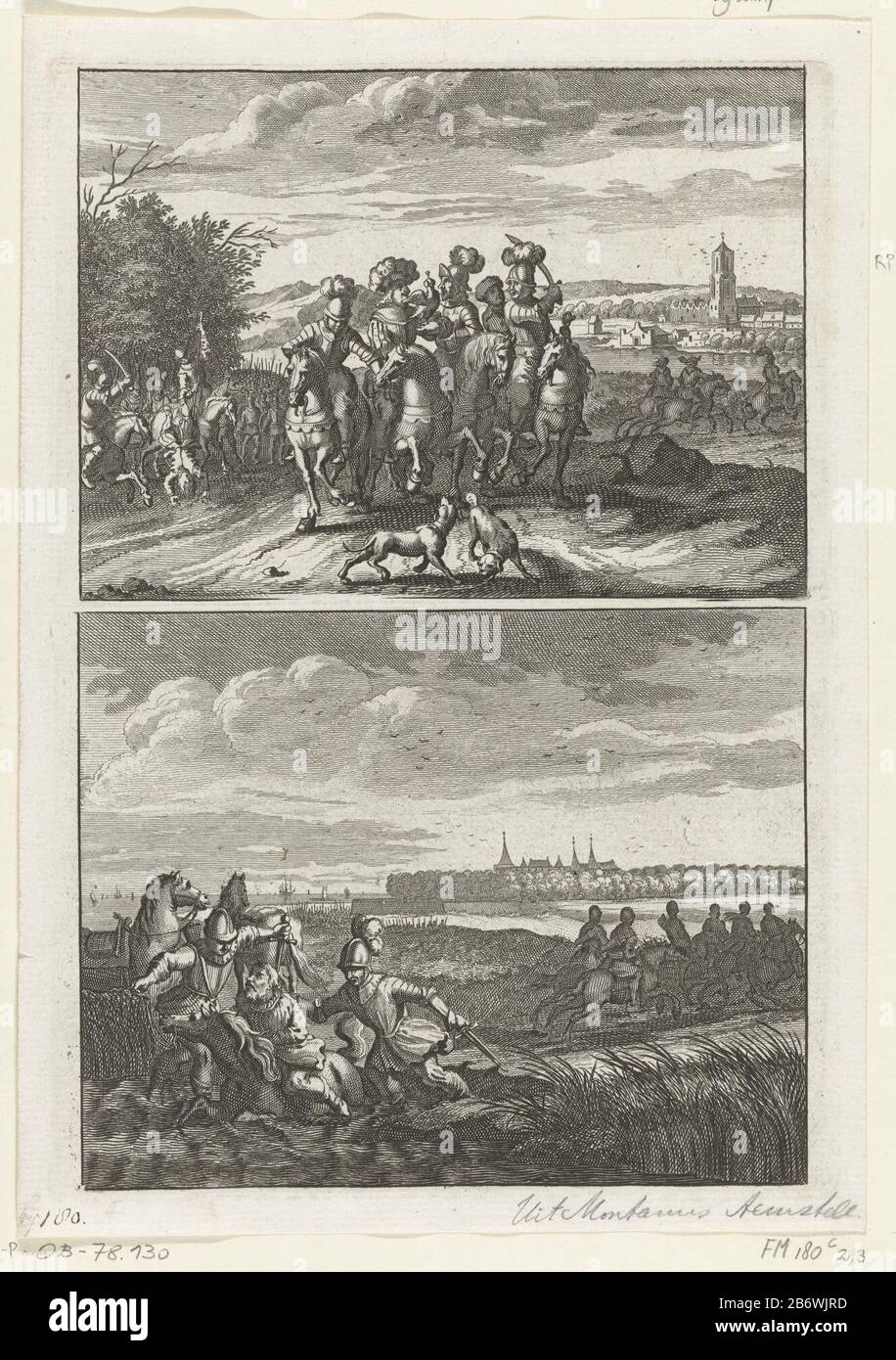 Jachtpartij van de edelen en de graaf en Moord op Floris V, 1296 Geschiedenis van Floris de V (serietitel) Hunt Party the nobles and the Count Floris V and murder of Floris V. Landscape with peers on horseback. Gerard van Velzen kills Count Floris V, June 27 1296. Manufacturer : printmaker: anonymous place manufacture: Northern Netherlands Date: 1664 - 1699 Physical features: etching material: paper Technique: etching Dimensions: paper: H 241 mm × W 168 mmToelichtingTwee the original illustrations for: A . Montanus, Beschrije the first resident managers of Aemstel Lands, Marcus Willemsz. Tourn Stock Photo