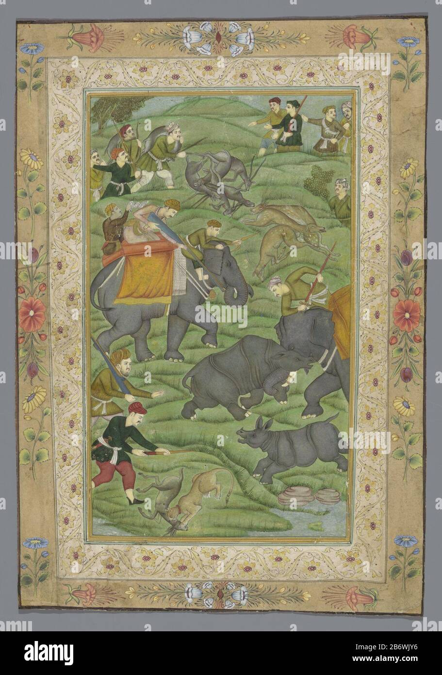 Jachttafereel met olifanten Hunting scene with elephants object type: Indian miniature drawing Item number: RP-T-1993-188 Inscriptions / Brands: inscription verso: Persian script manufacture manufacturer: artist: anonymous place manufacture: India Date: 1740 - 1760School / style: Mughal Emperor physical characteristics : brush in color material: paper Technique: brush dimensions: image: h 240 mm × W 140 mmblad: h 320 mm × W 223 mm Stock Photo