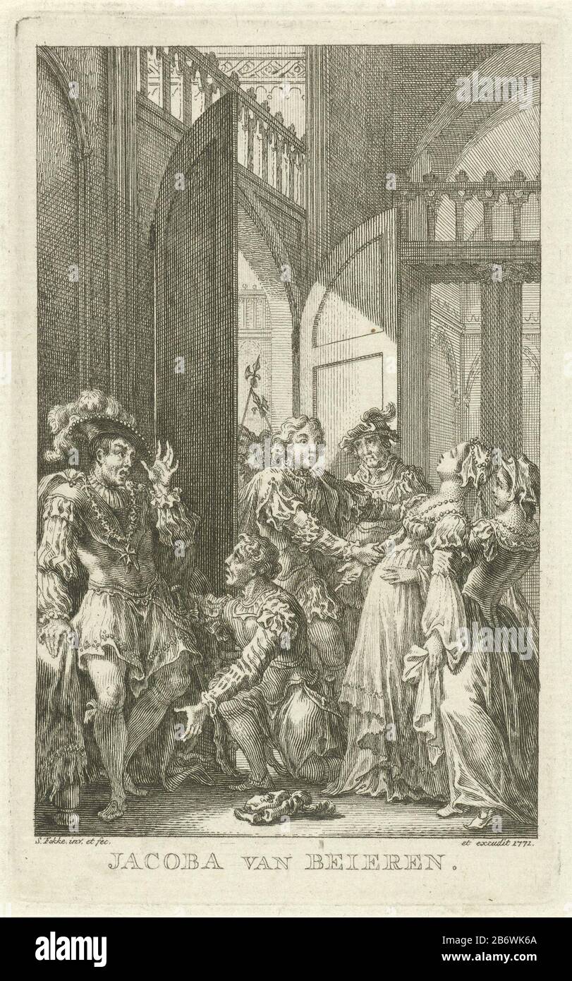 Jacoba van Beieren valt flauw Jacoba van Beieren (titel op object) Jacoba of Bavaria faints at the regarding a male guest. She is captured by a woman who stands behind her. next door left his two noble men in conversation. This print is made for tragedy Jacoba of Bavaria, Countess of Holland and Zeeland Jan de Marre. Manufacturer : printmaker Simon Fokke (listed building) in its design: Simon Fokke (listed building) Publisher: Simon Fokke (listed object) Place manufacture: Amsterdam Date: 1771 Physical features: etching material: paper Technique: etching dimensions: plate edge: h 140 mm × W 87 Stock Photo