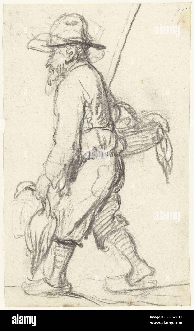 Jager met een mand met eenden Hunter with a basket of ducks object type: Drawing Object number: RP-T-1887-A-804Catalogusreferentie: Kettering 54 GJr Inscriptions / Brands: annotation, verso, pencil: 'Ger Jr. (in modern handwriting) Description a hunter walking to the left with a shot duck in his left hand; a basket with ducks on his right arm, the barrel of a gun just visible behind the rechterarm. Manufacturer : artist Gerard ter Borch (II) (possible) artist: Pieter de Molijn (rejected attribution) Place manufacture: Haarlem Dating: 1630 - 1634 Physical features : black chalk material: paper Stock Photo