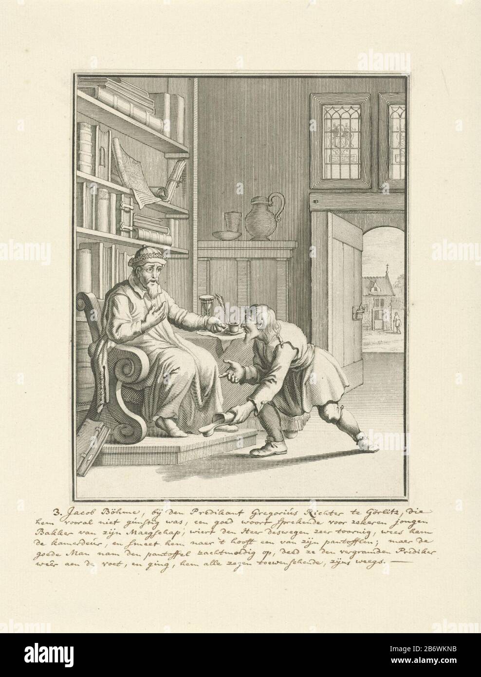 Jakob Böhme takes a slipper back to Father Gregor Richter. Richter, who accused Boehme of heresy, the slipper to his head had gegooid. Manufacturer : printmaker Joseph Mulder to design: Jan Luyken (possible) publisher John Krelliusuitgever: Fredrik Vorster Place manufacture: Amsterdam Date: 1686 Physical features: engra and etching material: paper Technique : engra (printing process) / etching dimensions: sheet: 181 mm × h 142 b mmToelichtingPrent of: Böhme, Jacob. All the theosoophsche or godwĳze work. Amsterdam: John Krellius and Fredrik Vorster, 1686. Subject: shoes, sandals (+ men's clothe Stock Photo