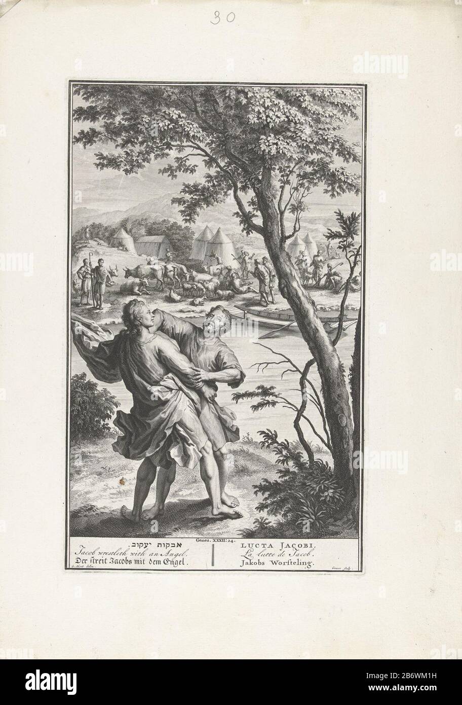 Jakob Worstelt Met De Engel Jacob Stands In The Foreground. He Wrestles  With An Angel. In The Background The River Jabbok Jacob And Fellow  Travelers (Gen. 32:24). The Print Has A Hebrew,