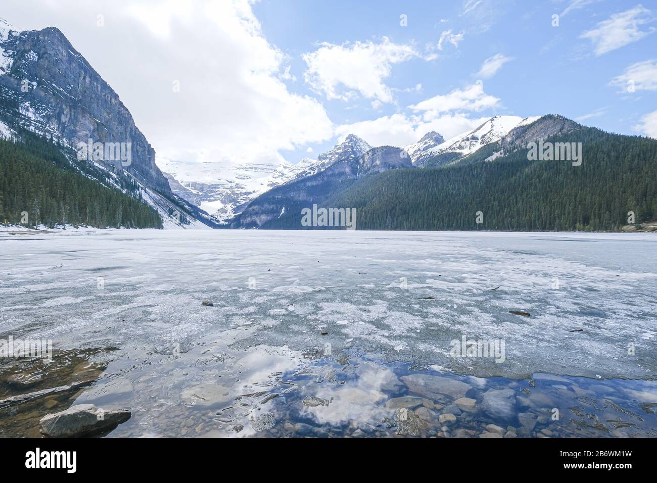 Mount fairview, partly frozen lake, Lake Louise Banff National Park ...