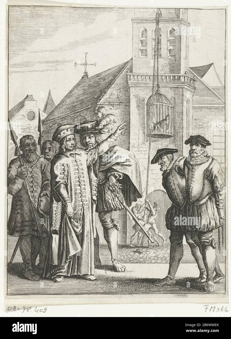 Jan Kruyze en Willem van Deutichem om beurten gestraft in de Wassenaarskooi te Hattem, 1520 Jan Kruyze, steward of Salland and William of Deutichem , Deventer sheriff be punitive in turn locked in the Wassenaar cage, the cage Jan Wassenaar, Hattem, 1520. Scene takes place in the open air, in the background the car on the outside of the tower hoisted manufacture manufacturer: printmaker : anonymous location manufacture: Northern Netherlands Date: 1650 - 1699 Physical characteristics: etching and engra material: paper Technique: etching / engra (printing process) Measurements: paper: h 193 mm × Stock Photo