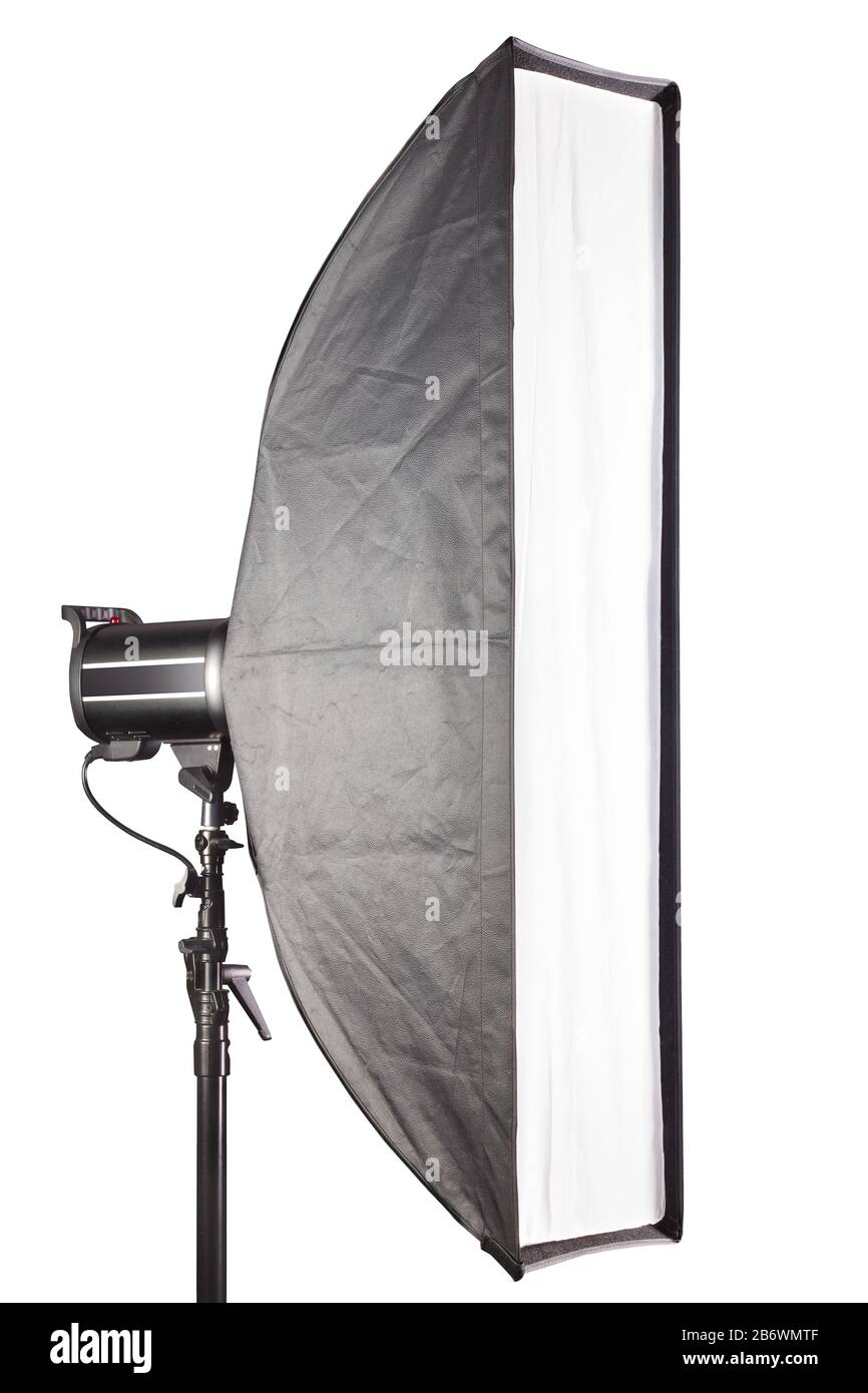 Photography studio flash with softbox isolated on white background with