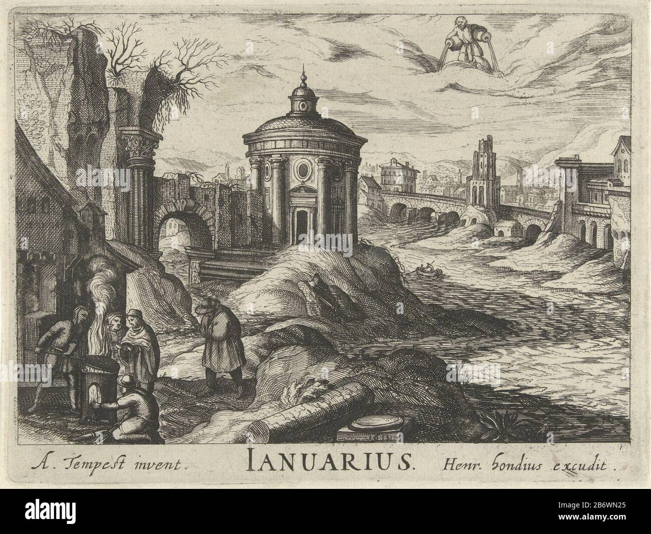 Januari Ianuarius (titel op object) Twaalf maanden (serietitel) The month of January is represented by a winter landscape with a river. Links are some figures and the background is the sky the constellation Aquarius weergegeven. Manufacturer : printmaker Simon Frisiusnaar design: Antonio Tempesta (listed building) Publisher: Hendrick Hondius (I) (listed building) Place manufacture: printmaker: northern Netherlands to design: Italy Publisher: The Hague Date: 1611 Physical features: etching material: paper Technique: etching dimensions: plate edge: h 140 mm × W 187 mm Subject: landscape symboliz Stock Photo