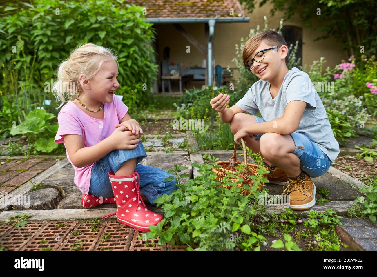 Children investigating food. Series: Preparation of a herbal drink. Picking herbs. Learning according to the Reggio Pedagogy principle, playful understanding and discovery. Germany. Stock Photo