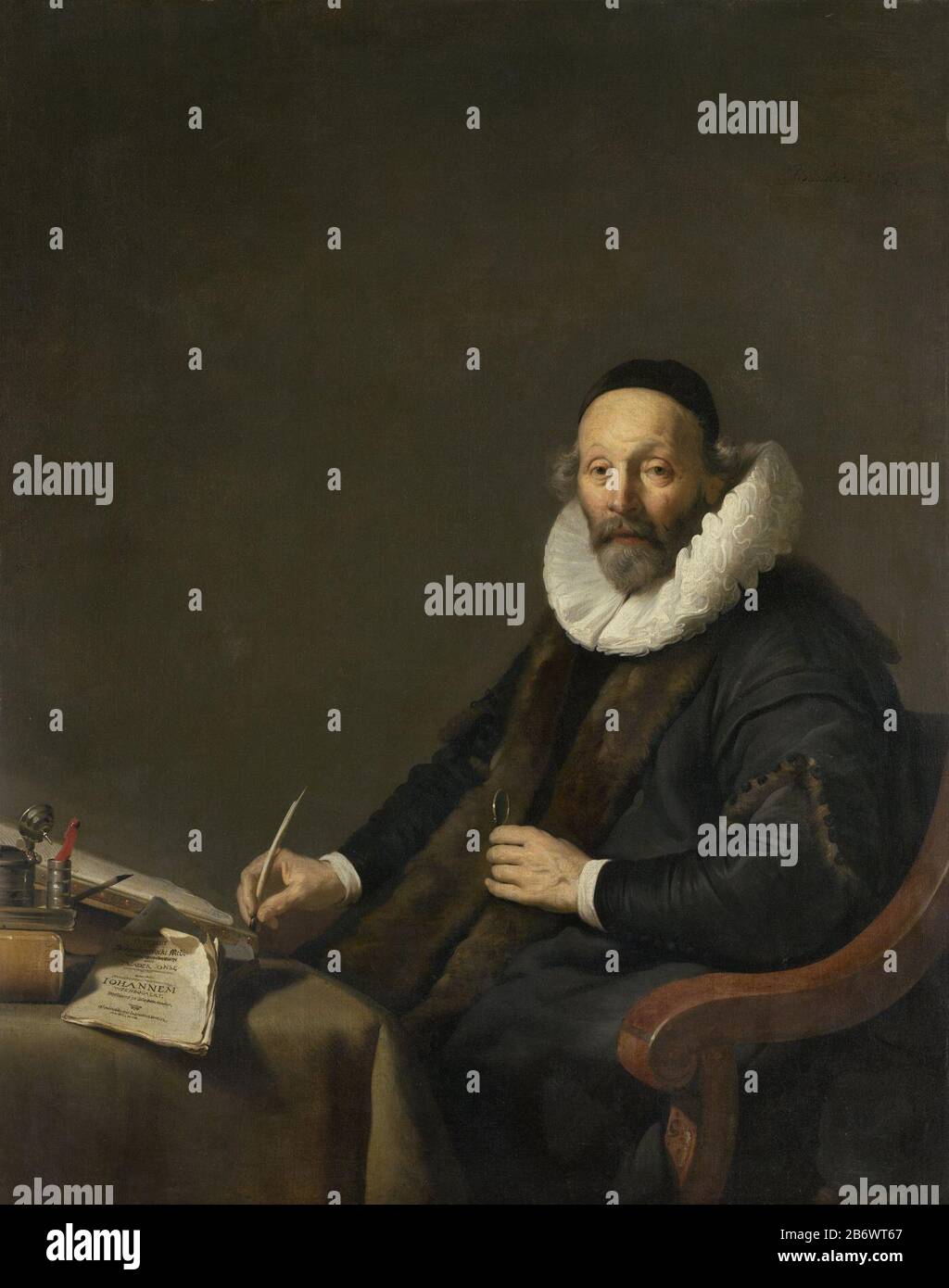 Johannes Wtenbogaert (1557-1644) Remonstrants predikant te 's-Gravenhage, SK-C-1474  Portrait of John Wtenbogaert, Arminian preacher Hague, writing at a table where: a few books, a pamphlet and a inktpot. Manufacturer : painter Jacob Adriaensz. Backer Date: 1638 Physical characteristics: oil on canvas material: oil canvas Dimensions: H 122.5 cm. B × 98 cm. Subject When: 1557 - 1644 Stock Photo