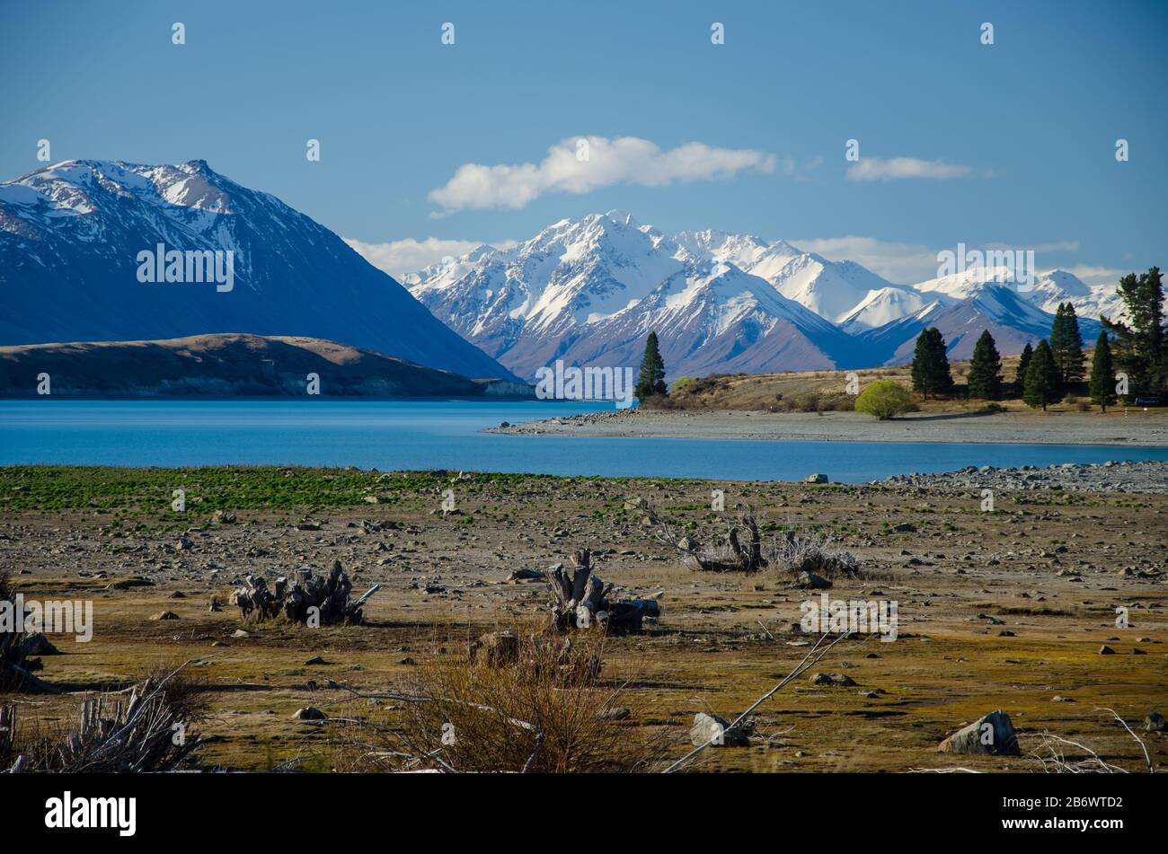 Lake Tekapo with snow covered mountains in the background, Canterbury, South Island, New Zealand Stock Photo
