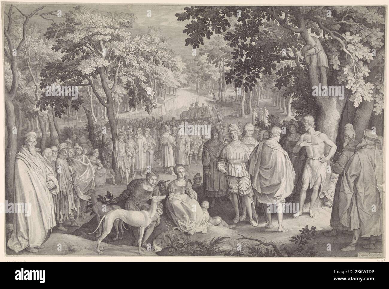 Johannes de Doper predikt tot de menigte A woodland. Right in the foreground John the Baptist standing under a tree. He preaches to a large menigte. Manufacturer : printmaker: Nicolaes de Bruyn (listed property) to design: Nicolaes de Bruyn (listed building) publisher: Francoys van Beusekom (listed property) Place manufacture: printmaker: Rotterdam Publisher: Amsterdam Date: 1619 Physical features: car material: paper Technique: engra (printing process) Dimensions: sheet b 695 mm x h 465 mm Subject John the Baptist preaching (perhaps Christ among the bystanders) Stock Photo