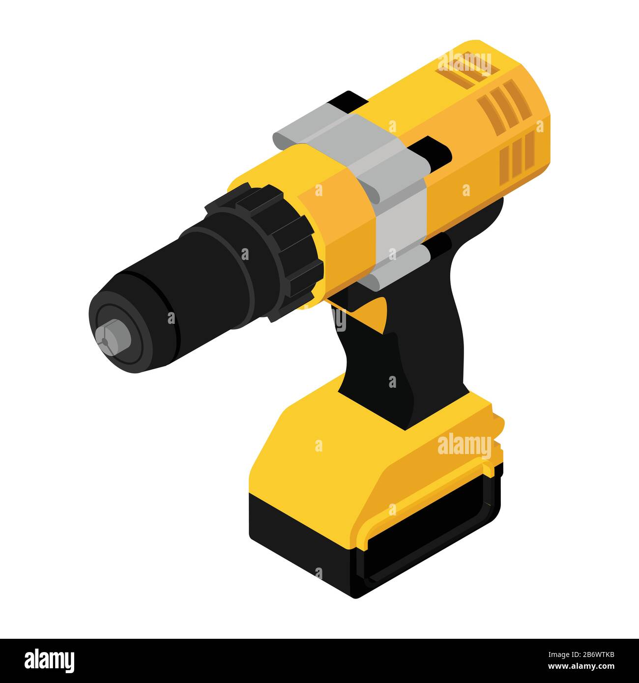 Isometric cordless drill, screwdriver with drill bit on white