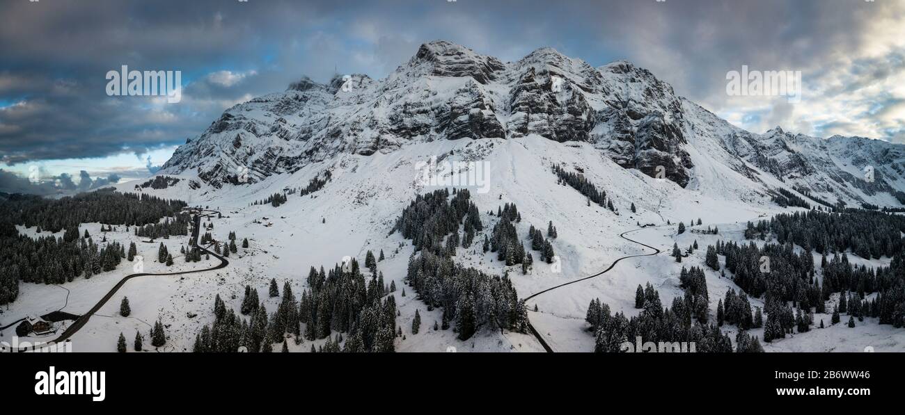 High res. panoramic image of Winter in the swiss alps near mount Santis ...