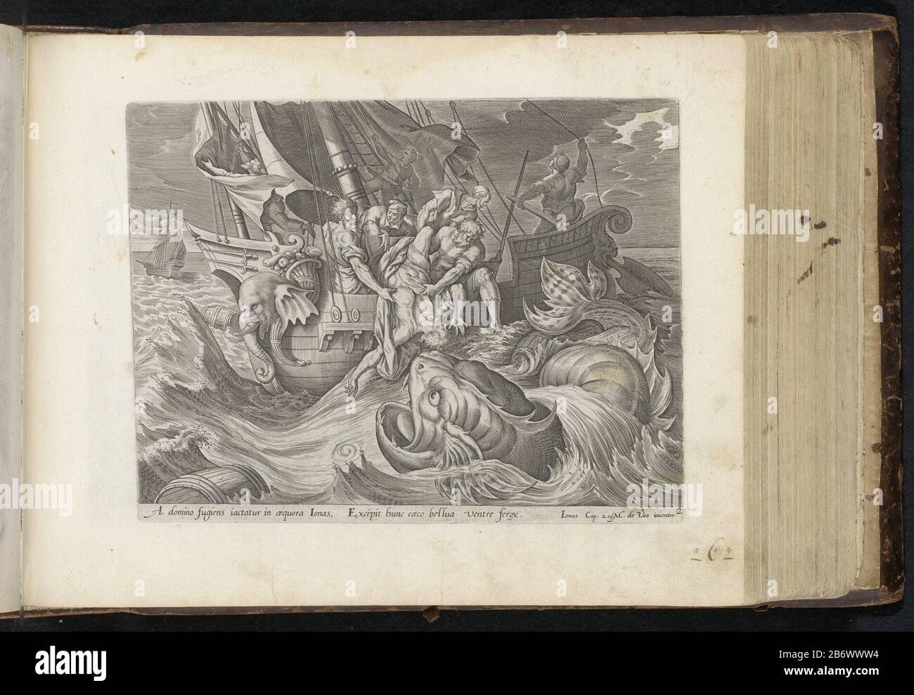 Jona overboord gezet Van den Propheet Ionas (serietitel) Geschiedenis van Jona (serietitel) Den Grooten Figuer-Bibel (serietitel) If the ship Where: Jonah fled threatens to perish in a storm, Jonah is drawn by lot as the culprit. He was thrown overboard by the crew. In the foreground swim the fish, which will swallow Jonah. Among the performance, a reference in Latin to the Bible in Jona 2:15. This print is part of a album. Manufacturer : printmaker Antonie Wierix (III) to design: Marten de Vos (listed building) publisher Claes Jansz. Visscher (II) Editor: Jan Philipsz SchabaeljePlaats manufac Stock Photo